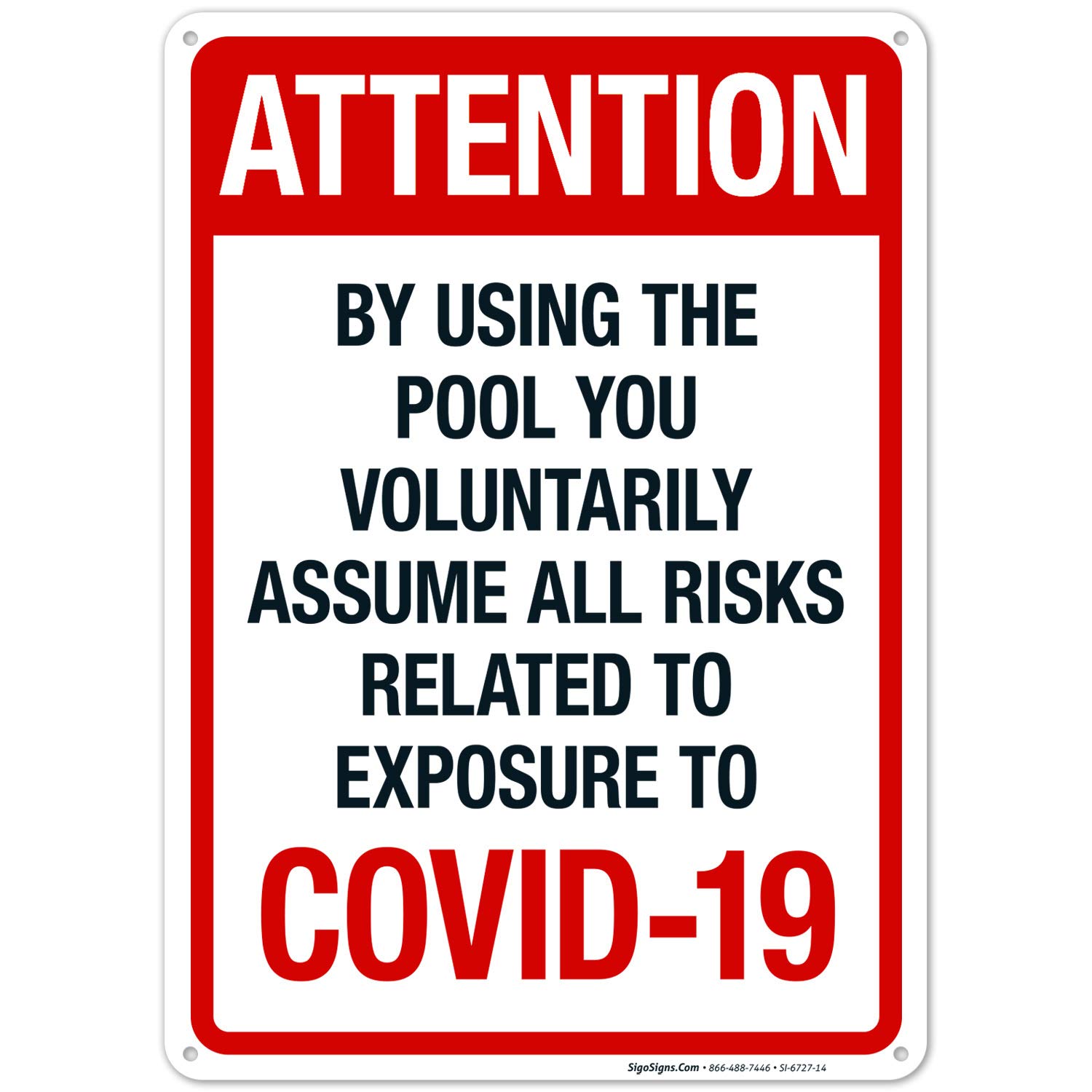 10x14 Inches Rust-Free .040 Aluminum Pool Warning Sign - 'Attention: Using The Pool You Voluntarily Assume All Risks' - Fade Resistant for Indoor/Outdoor Use - Made in USA - Perfect for Public Pools, Water Parks & Backyard Safety