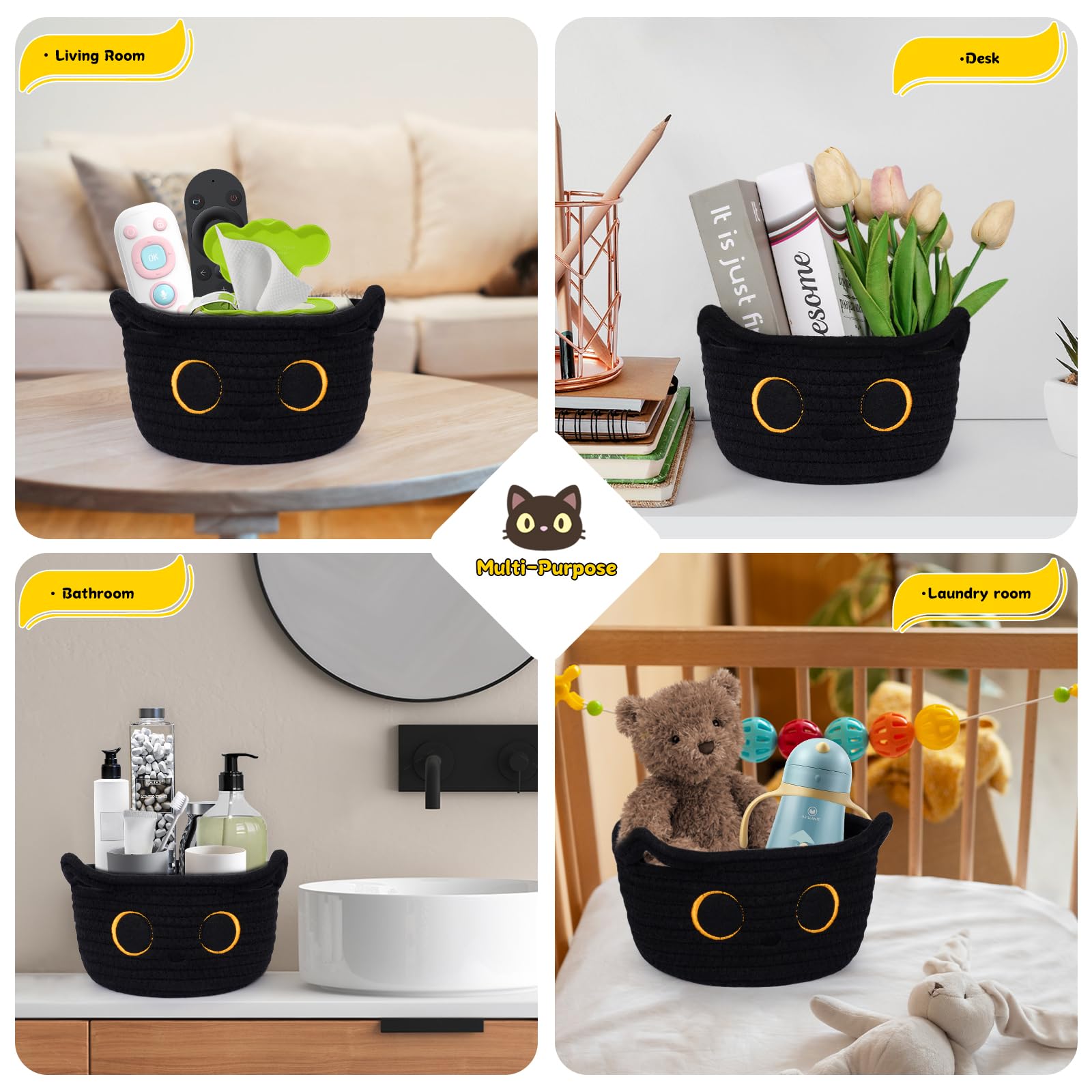 Black Cat Cotton Rope Storage Basket - 8.5×4.5 Inch Woven Nursery Organizer for Baby Blankets, Toys & Gifts | Perfect for Pet Lovers, Nursery Decor & Home Organization