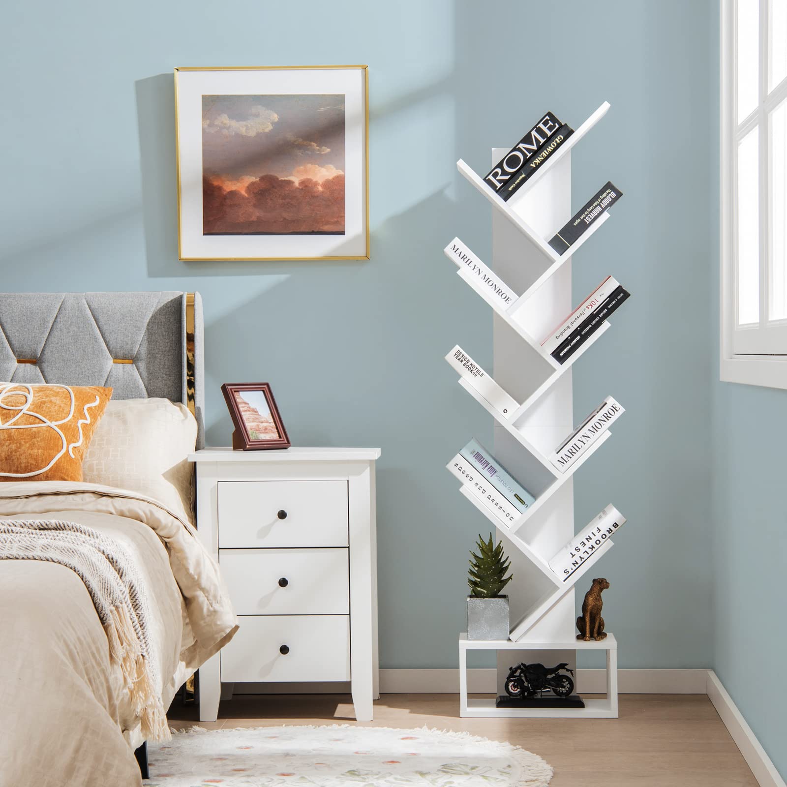 Tangkula 10-Tier Tree Bookshelf with Drawer - Floor Standing Storage Organizer for Books, Movies, CDs & Collectibles - Space-Saving Display Shelf for Bedroom, Living Room, Home Office & Dorm (White) - Perfect for Small Spaces & Stylish Home Organization