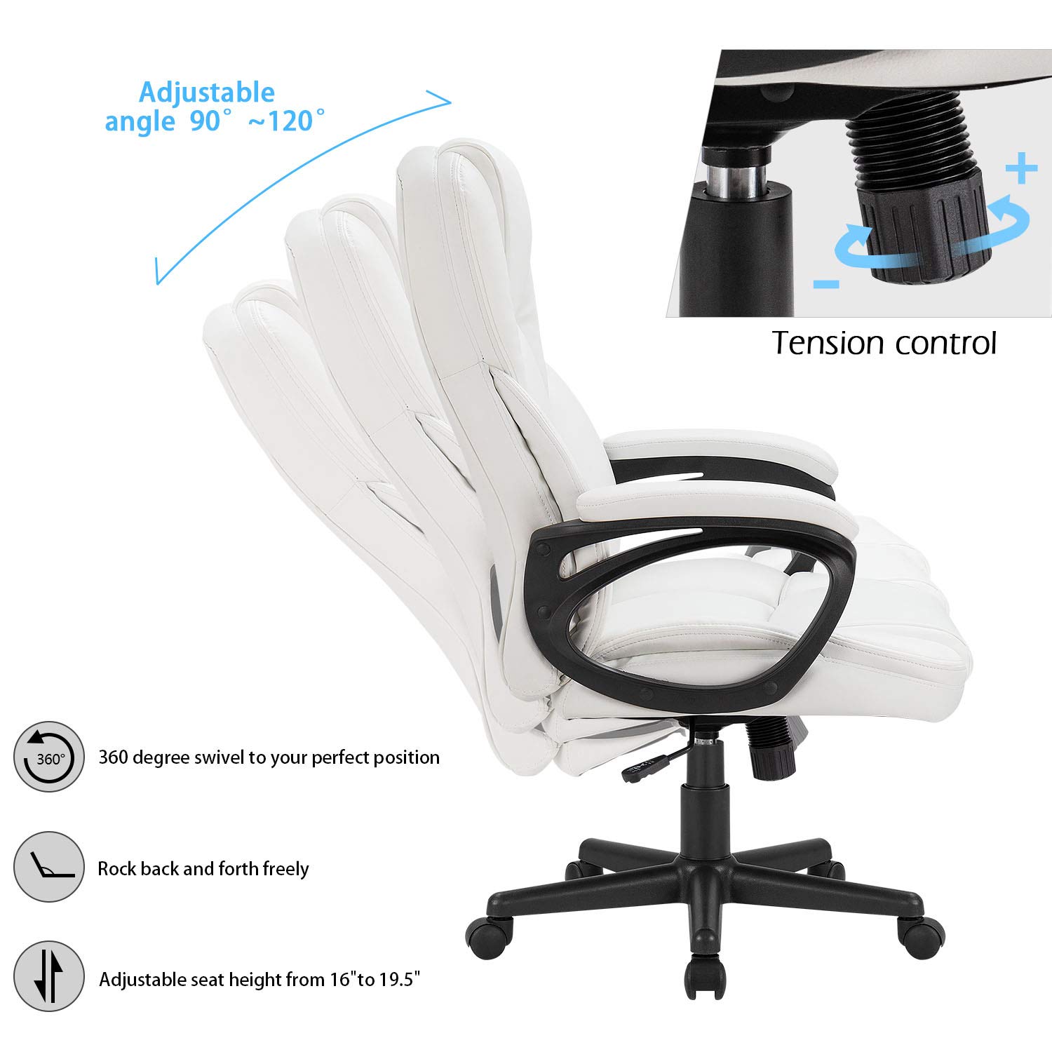 Furmax High Back Executive Office Chair - Adjustable Swivel Desk Chair with Lumbar Support, PU Leather Managerial Computer Chair for Home & Office (White) - Perfect for Long Work Hours, Gaming & Study Sessions