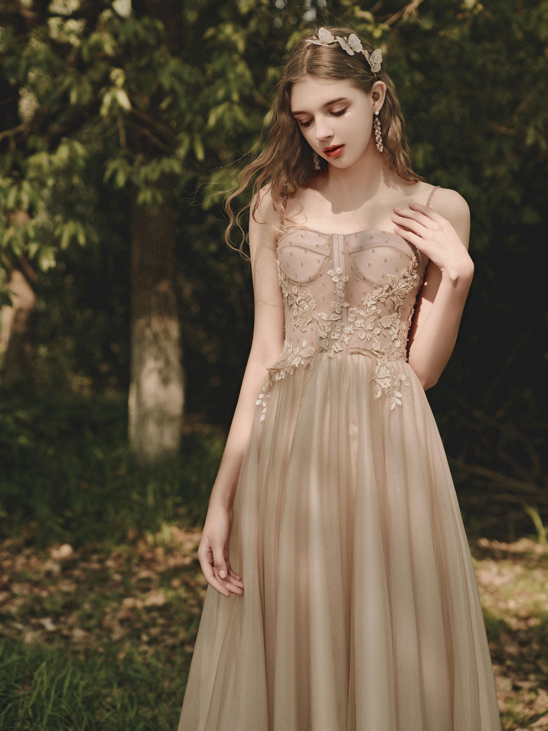 Elegant Champagne Tulle Lace Tea Length Prom Dress & Evening Gown for Formal Events, Weddings, and Special Occasions