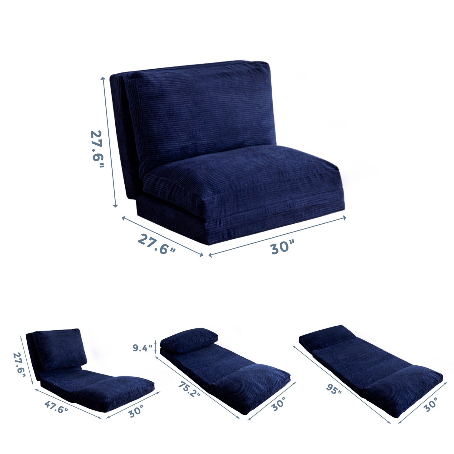 MAXYOYO Foldable Bean Bag Sofa Bed with Washable Corduroy Cover - Navy Blue | Comfortable Lounge Chair for Living Room, Bedroom & Dorm | Perfect for Relaxing, Reading & Napping