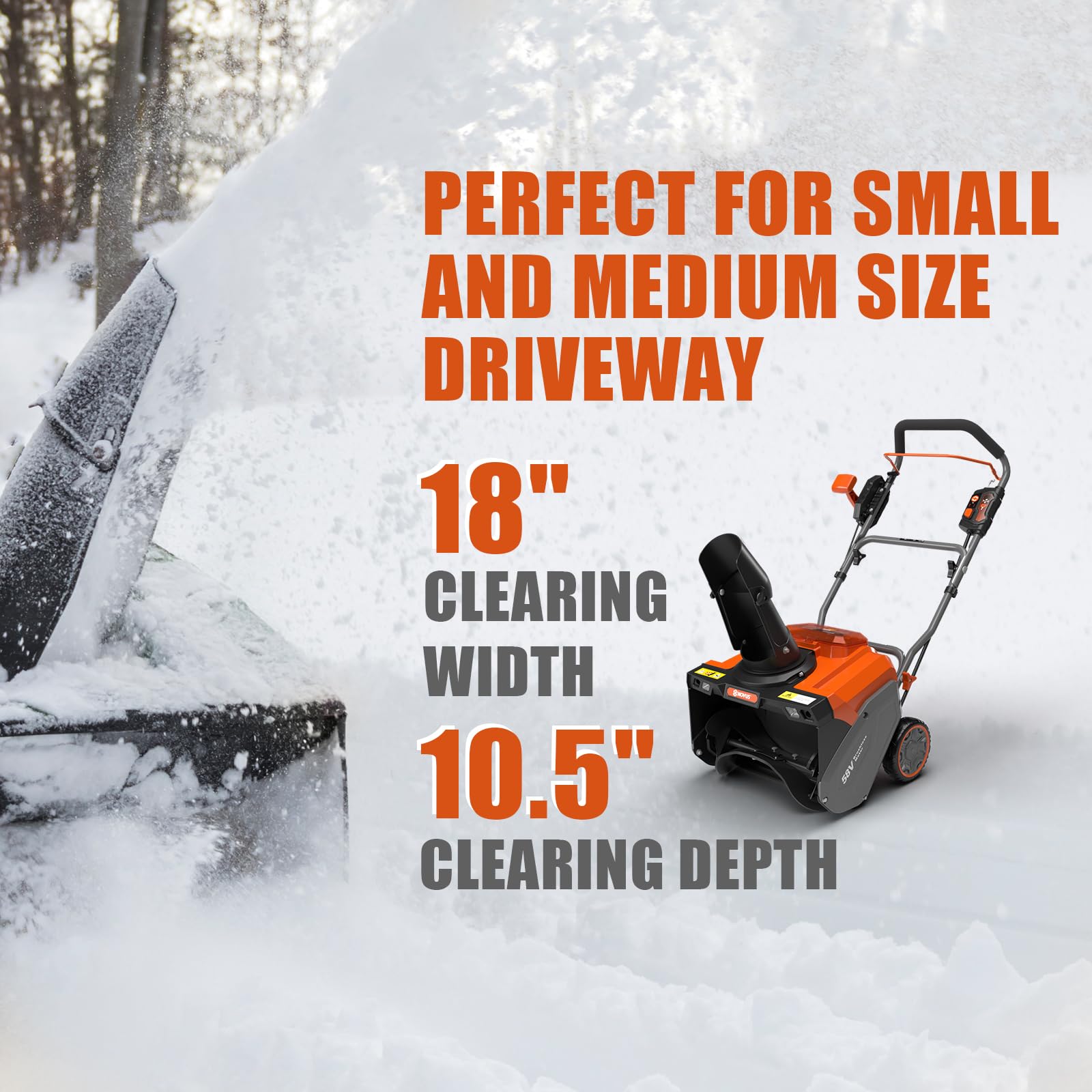 NOVUS 18-Inch 58V Cordless Snow Blower with 5Ah Battery & Charger - Remote Chute Control, Brushless Motor, Rubber Steel Auger & LED Lights - Perfect for Driveways, Sidewalks & Home Snow Removal