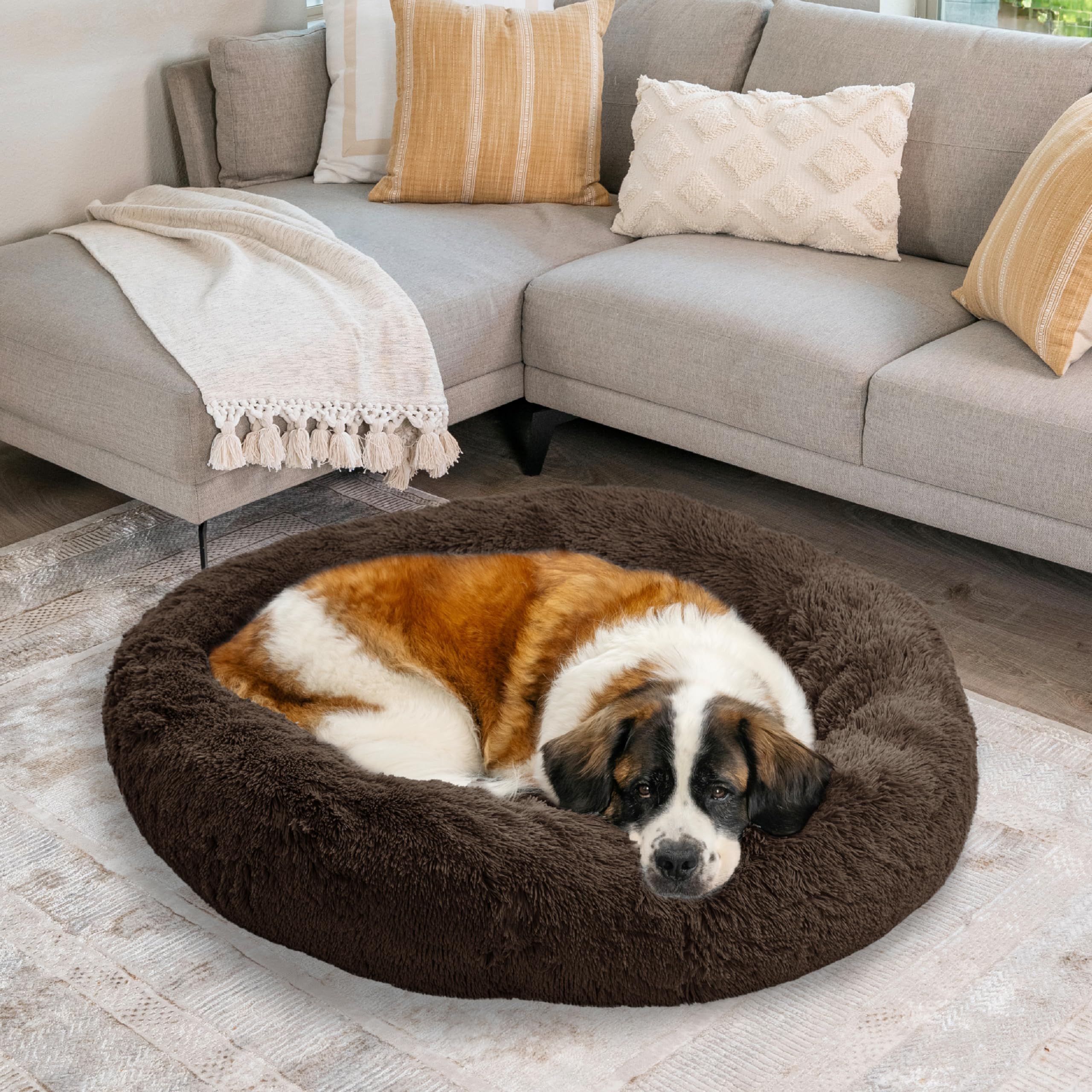 Best Friends by Sheri Bundle Set - Original Calming Shag Donut Cuddler Cat & Dog Bed with Pet Throw Blanket, Dark Chocolate, Extra Large 45x45 Inch - Cozy Pet Bed for Anxiety Relief & Nap Time Comfort