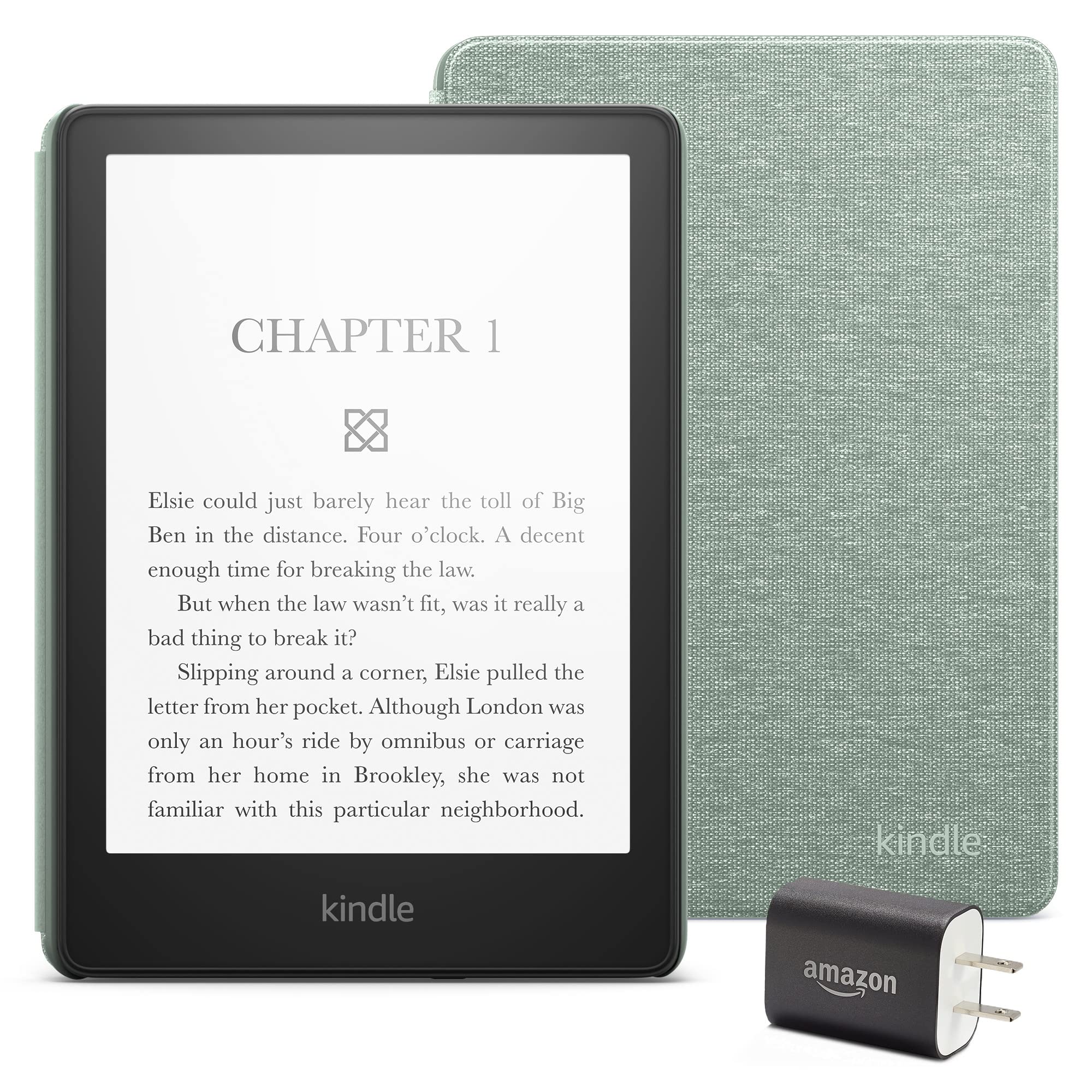 Kindle Paperwhite Essentials Bundle - 16GB Black (No Lockscreen Ads) with Agave Green Fabric Cover & Power Adapter - Perfect for Reading, Travel & Gifts