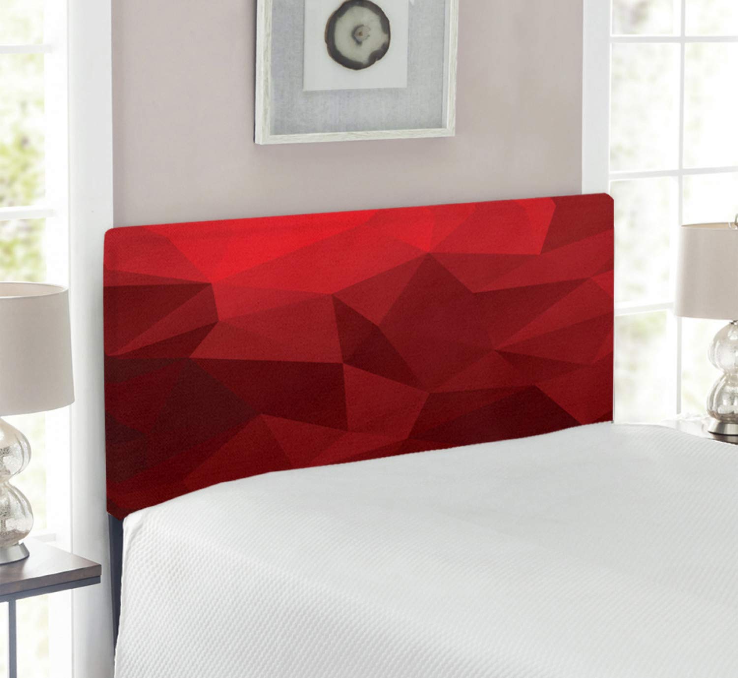Ambesonne Red Headboard - Triangular Mosaic Low Poly Geometric Design, Upholstered Metal Bed Headboard with Memory Foam, Twin Size, Ruby Red Scarlet - Perfect for Modern Bedroom Decor & Guest Room Styling