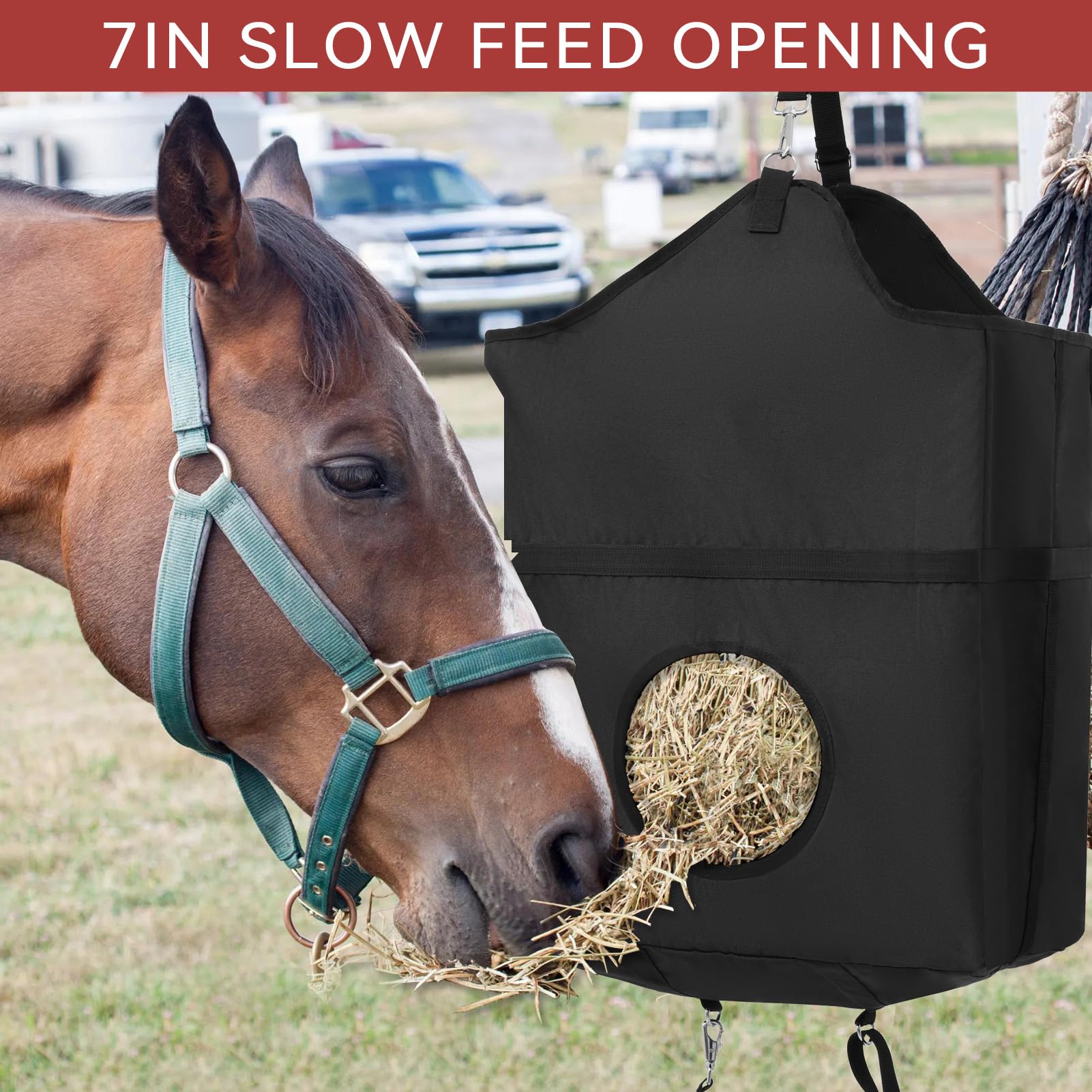 2 PCS Heavy Duty 1000D Hay Feeder Bags for Horses, Goats, Sheep, Ponies & Donkeys - Large Capacity Slow Feed Hay Nets with Reinforced Metal Clips & Adjustable Straps - Perfect for Stable, Pasture & Travel Use