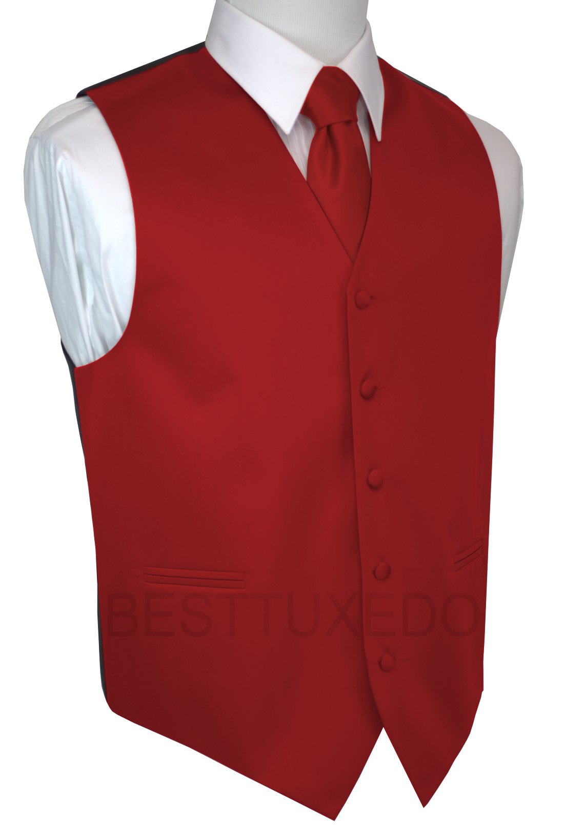 7-Piece Men's Tuxedo Suit Set with Flat Front Pants, Scarlet Vest & Tie | Formal Wedding, Prom, Black Tie Event Outfit
