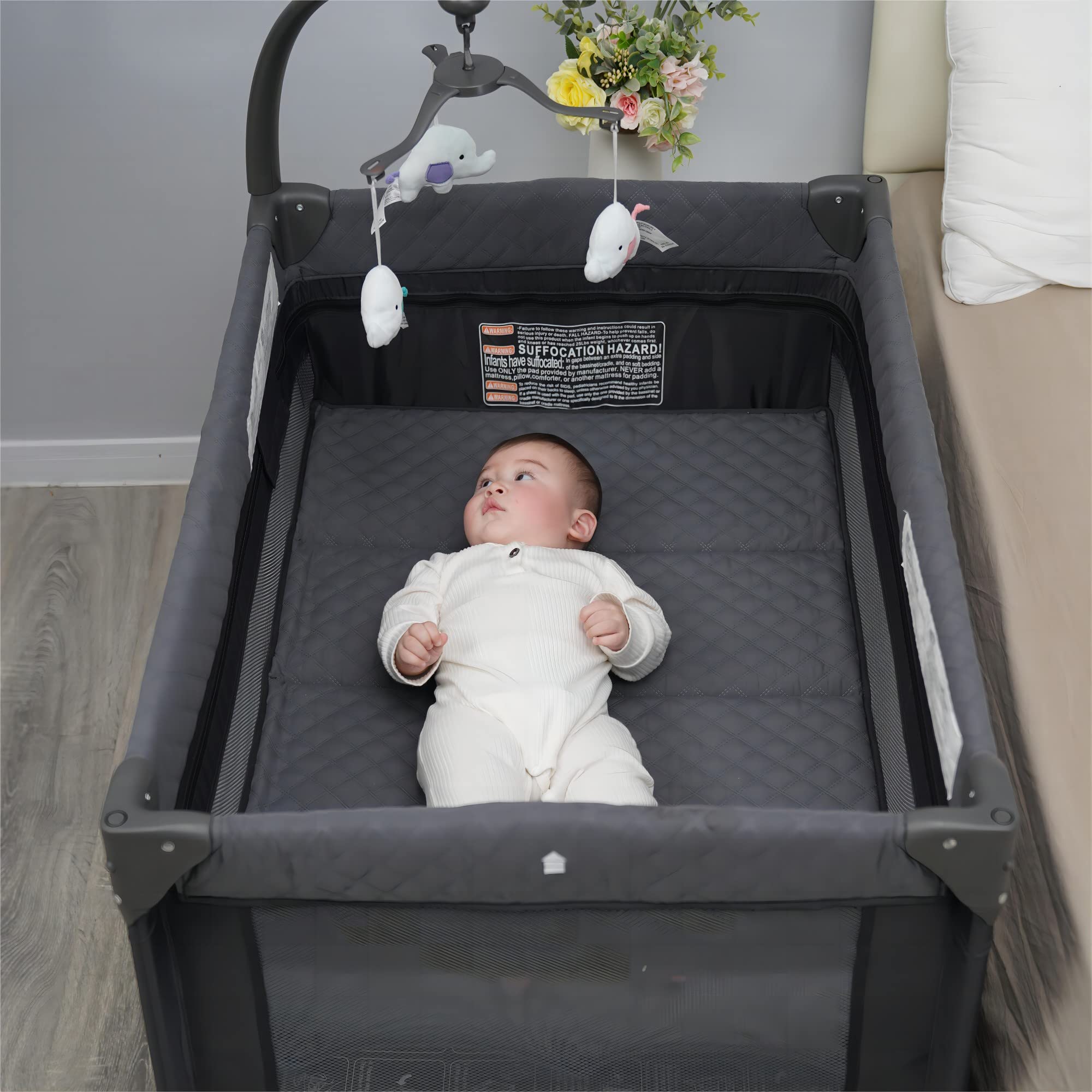 Pamo Babe Portable Baby Crib with Bassinet & Changing Table - Lightweight Travel Playpen for Infants | Perfect for Home, Travel & Daycare (Grey)
