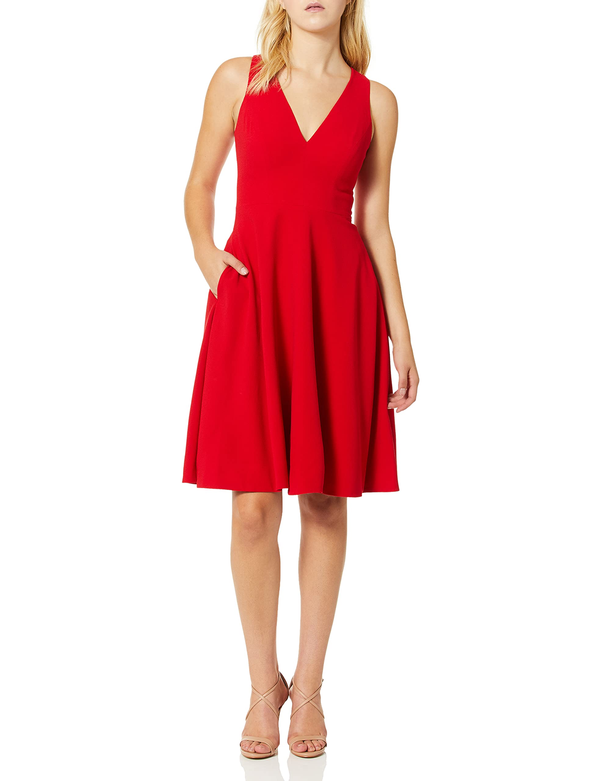 Dress the Population Women's Catalina Solid Sleeveless Fit & Flare Midi Dress - Elegant Cocktail & Summer Party Wear for Women