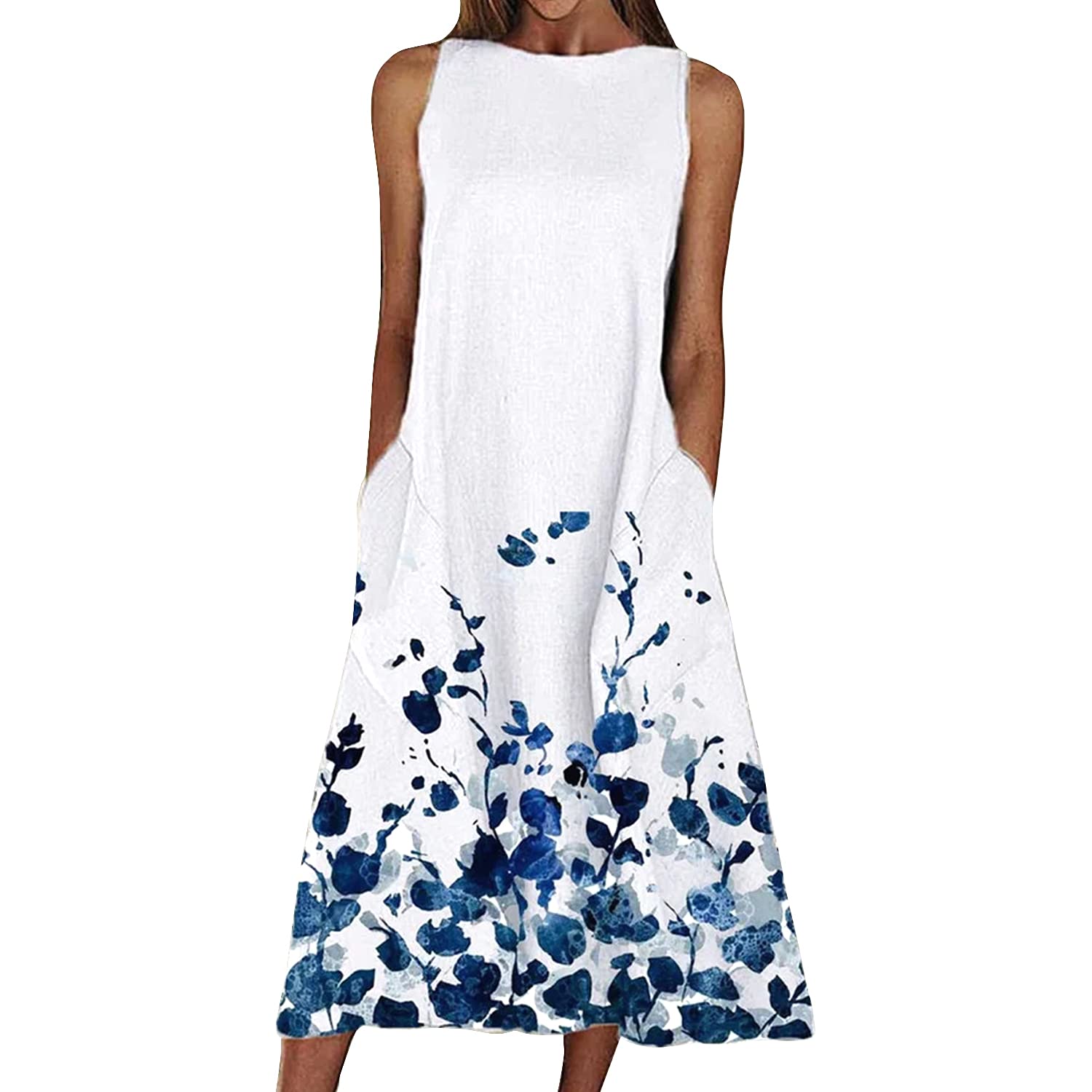 Inshine Women's Floral Print Casual Summer Sleeveless Sundress with Pockets, Midi Length Dress (Size B-XL) - Perfect for Beach Vacations, Garden Parties & Summer Outings