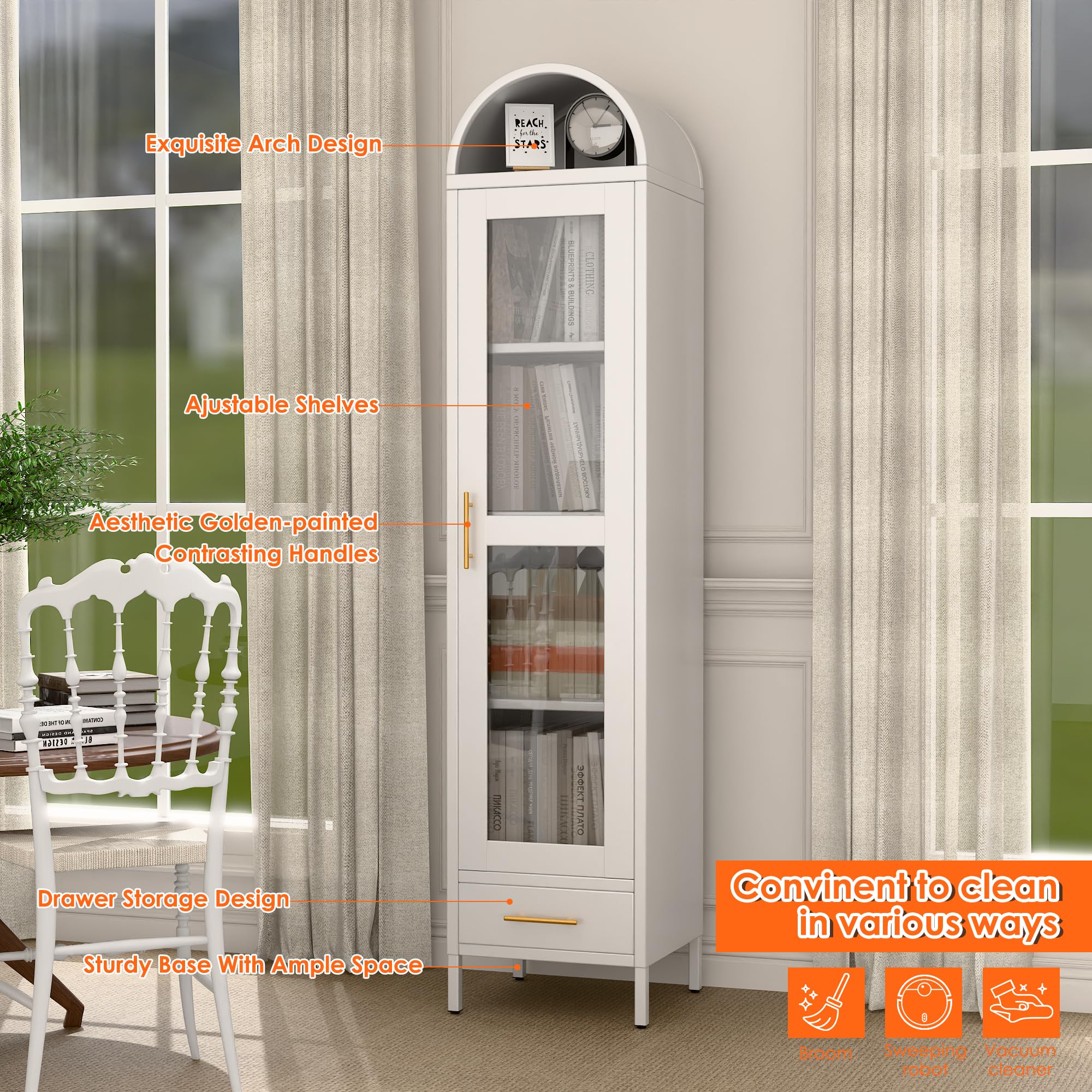 METAN White Metal Arched Storage Cabinet with Glass Door, Drawer & 3 Adjustable Shelves - Modern Bookshelf for Living Room, Kitchen, Pantry | Perfect for Home Organization & Displaying Decor Items