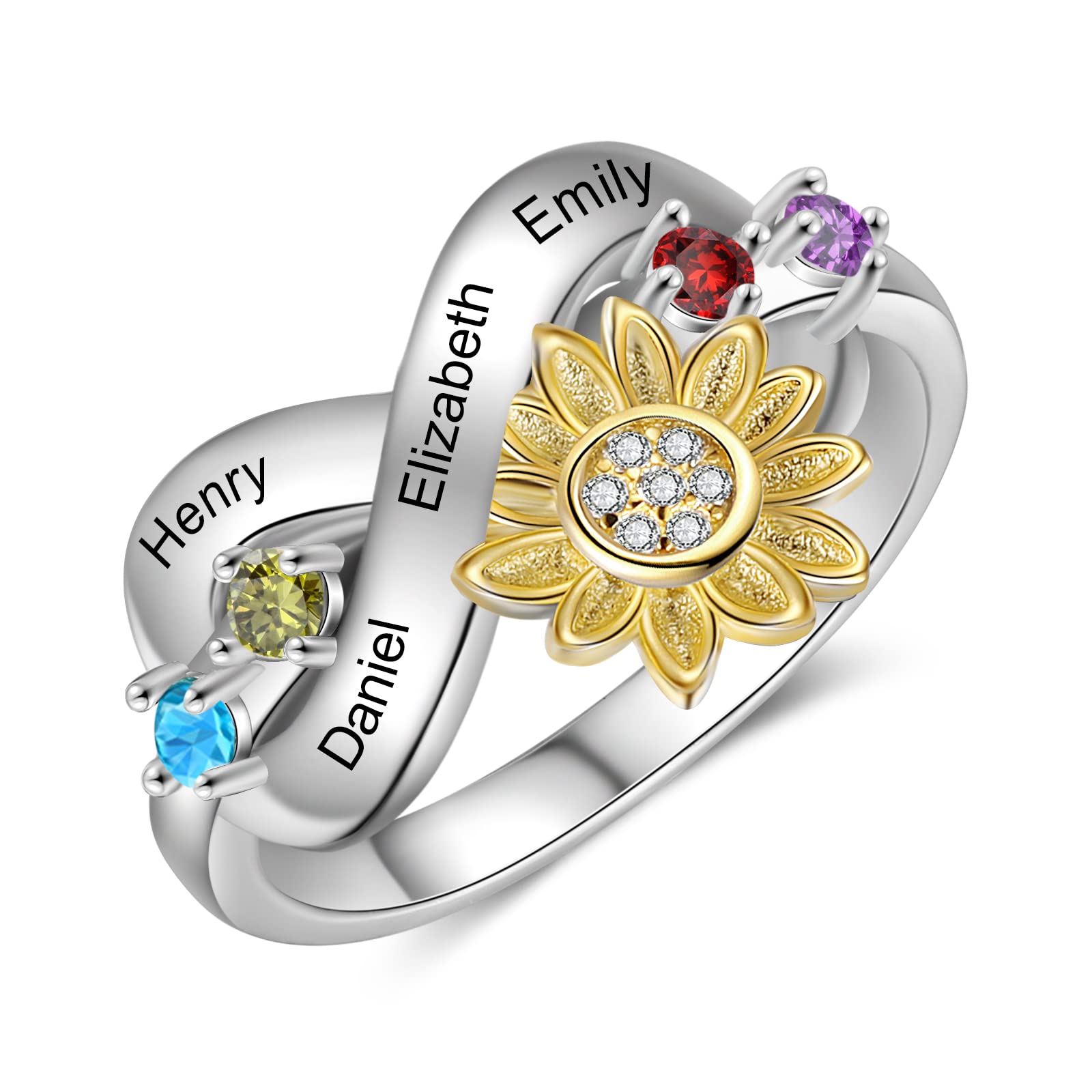 Personalized Sunflower Birthstone Ring for Women - Custom Engraved Infinity Heart Ring with Kids Names - Perfect Mothers Day Gift for Mom, Grandma, Wife, Daughter & Girlfriend | Elegant Jewelry for Everyday Wear, Special Occasions & Heartfelt Gifting