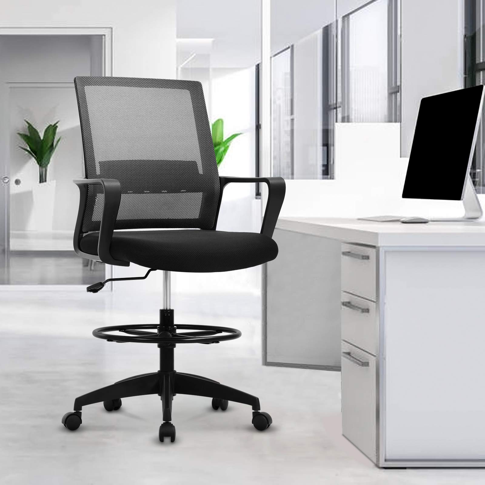 Ergonomic Drafting Chair with Flip-Up Arms & Footrest - Adjustable Height Mesh Office Stool for Standing Desks, High Workstations & Executive Workspaces - US Stock