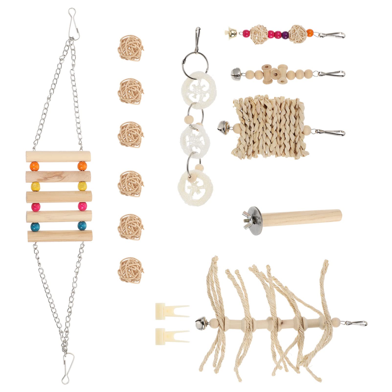 Balacoo 15pcs Bird Toy Set - Hanging Toys, Climbing Ladder, Chewing & Teething Toys, Hammock Swing for Parrots & Small Birds | Durable Wooden & Rope Pet Toys for Playtime & Cage Enrichment