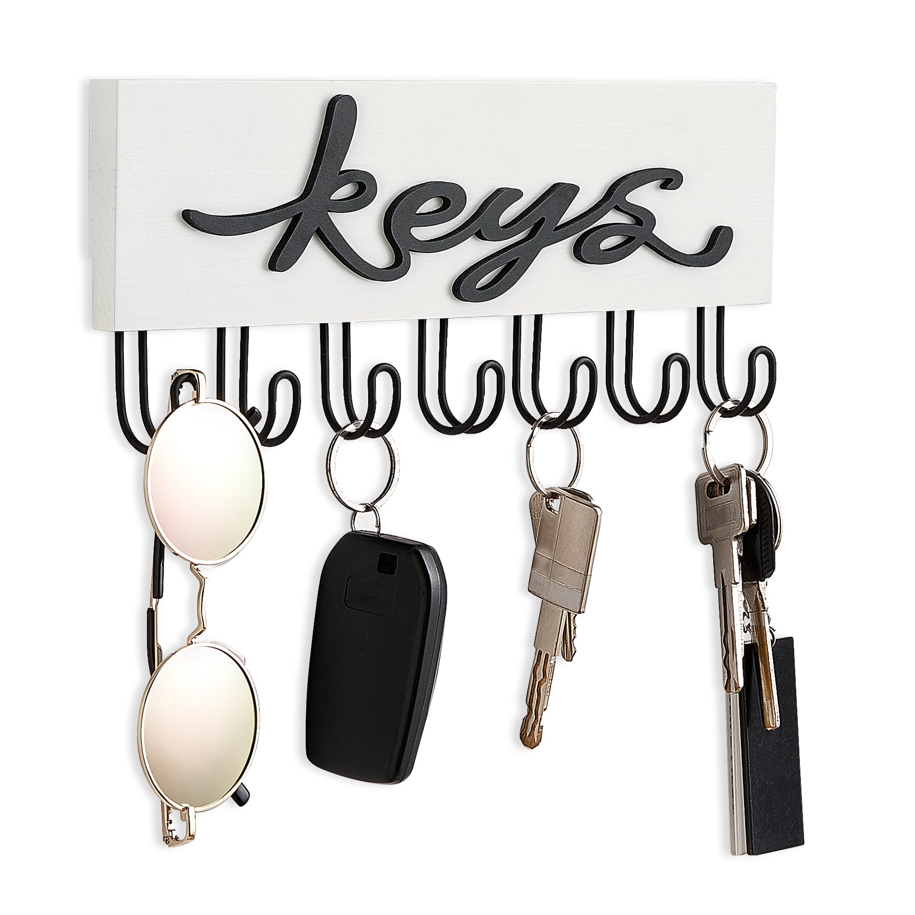 Rustic Wood Wall Key Holder with 7 Hooks - Farmhouse Style Entryway Organizer for Keys, Hats & Accessories | Perfect for Hallway, Office & Home Decor (White)