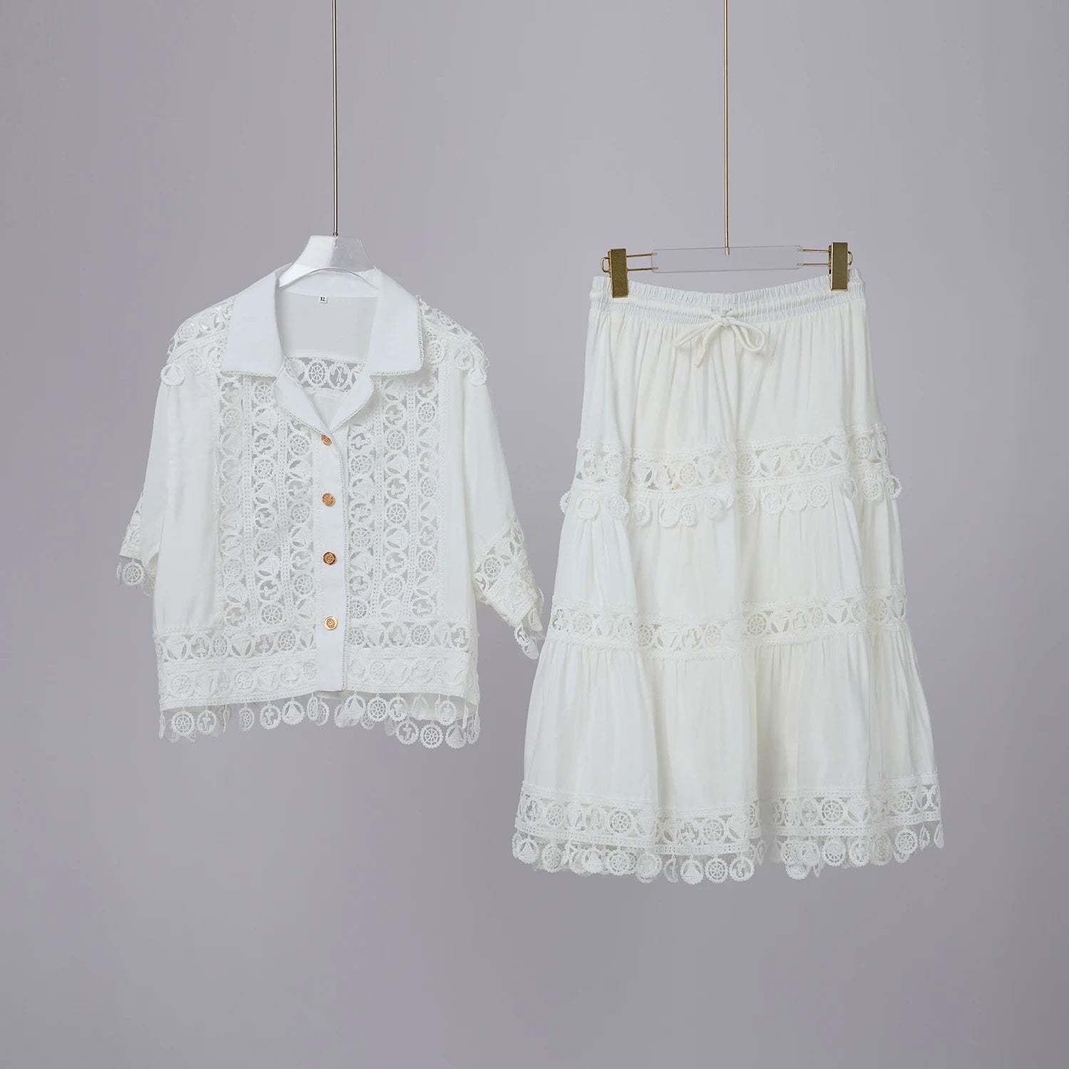 Women's 2-Piece Embroidery Outfit - Lace Hollow Out Loose Blouse & Elastic Waist Midi Skirt Set | Summer Vacation, Beachwear, Date Night, Casual Chic Outfits