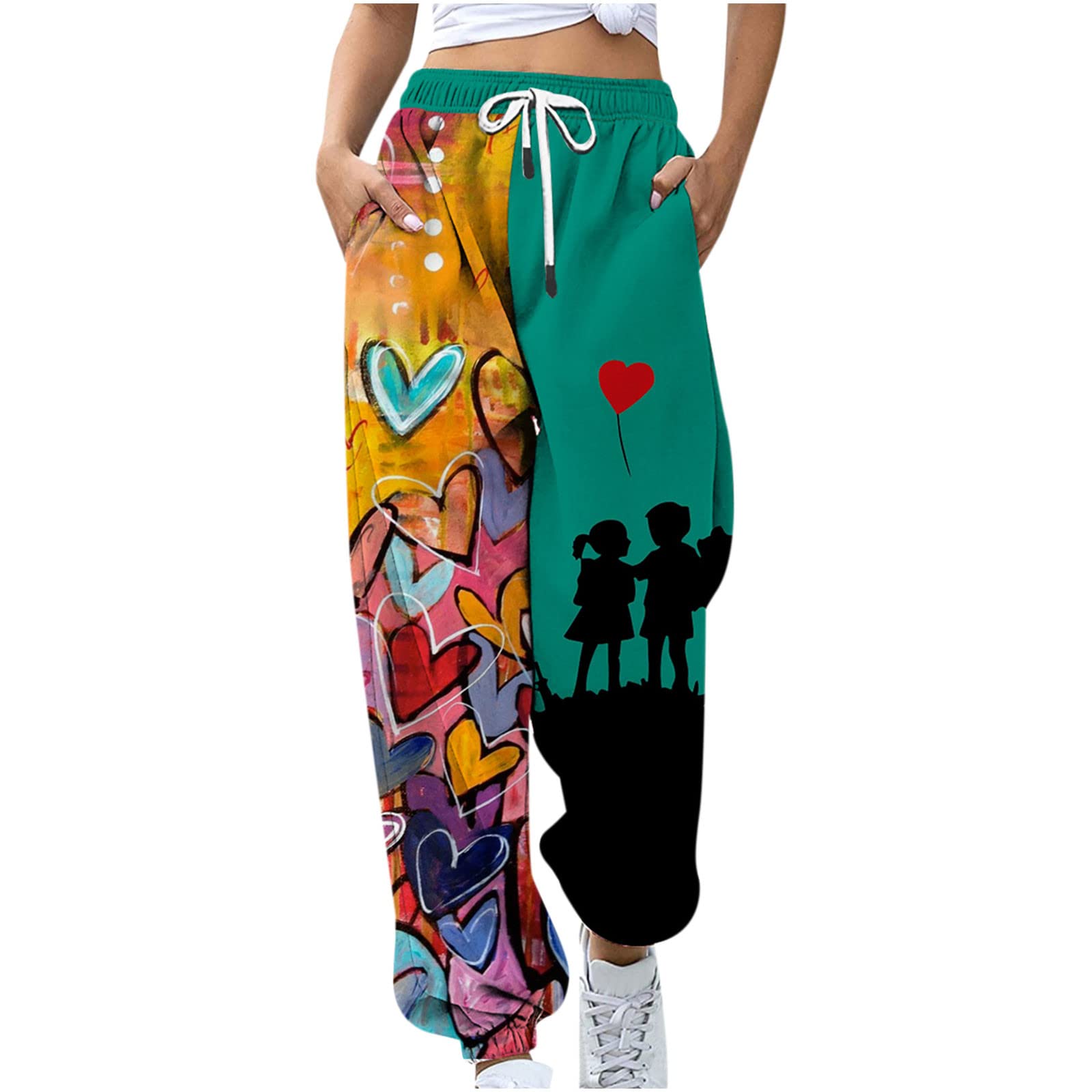 Women's High Waisted Sweatpants with Drawstring & Heart Print - Soft Joggers with Pockets for Yoga, Running & Lounge Wear