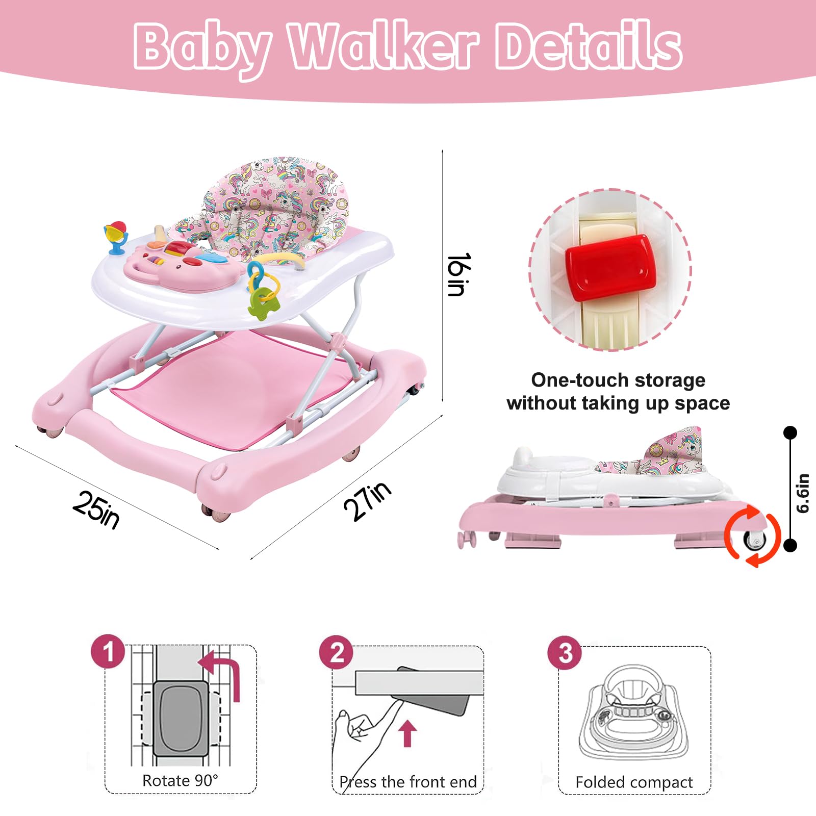 5 in 1 Foldable Baby Walker with Detachable Trampoline Mat - Adjustable Speed Wheels & Height for 6-18 Months (Pink) | Baby Bouncer, Rocker, Activity Center & Push Walker | Perfect for Playtime, Learning to Walk & Indoor Fun