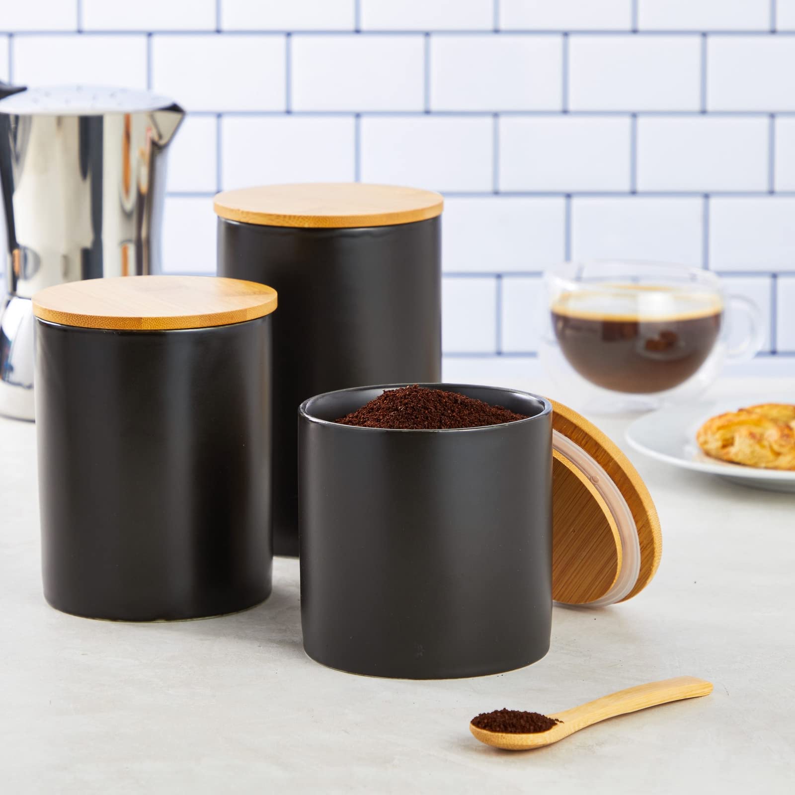 Farmlyn Creek 3-Piece Matte Black Kitchen Canister Set with Airtight Bamboo Lids - Food Storage Containers for Sugar, Coffee, Flour & Dry Goods (3 Sizes) - Perfect for Pantry Organization & Countertop Display