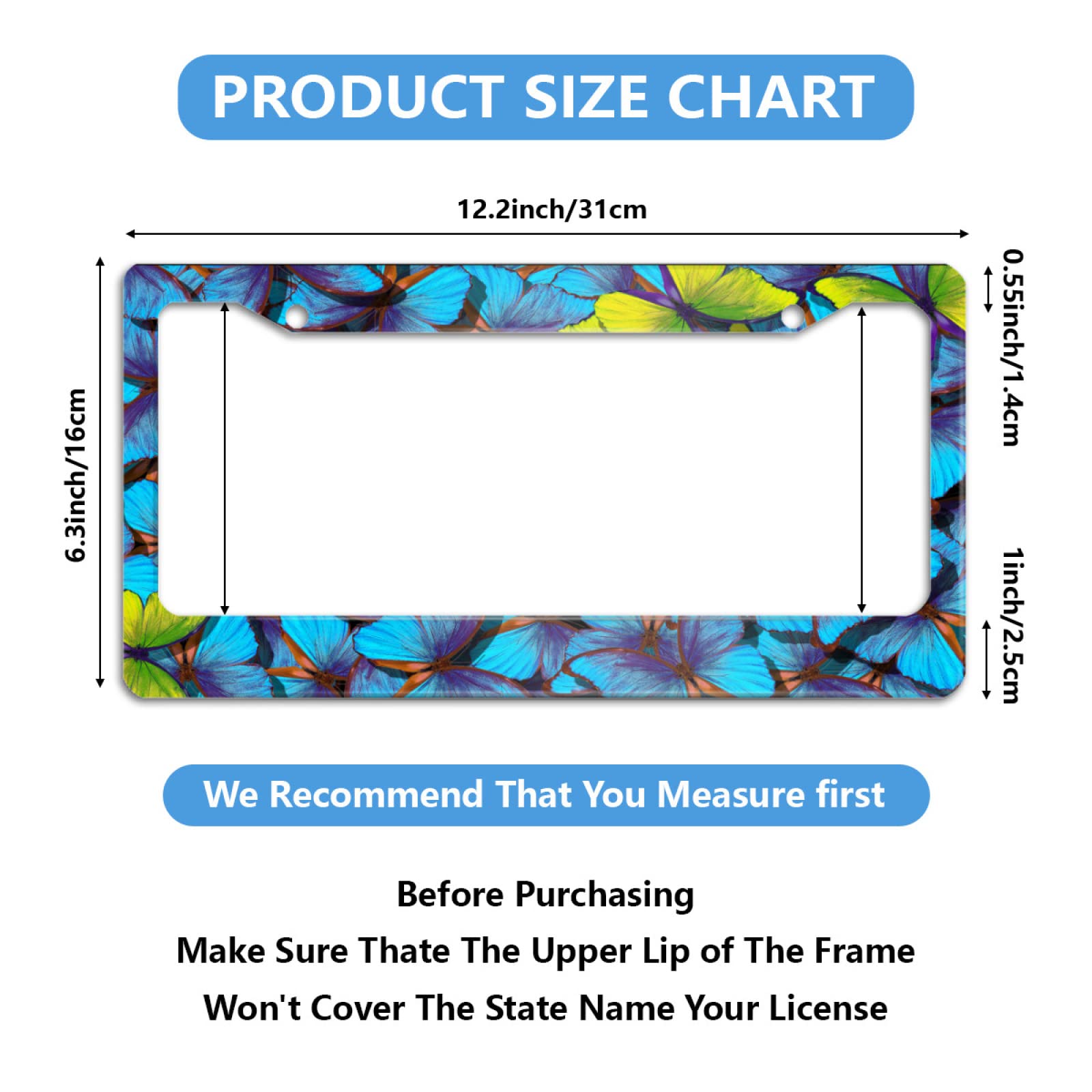 Blue Butterfly Decorative Car License Plate Frame - Aluminum Customized License Plate Cover for Men & Women - US Canada Standard 12