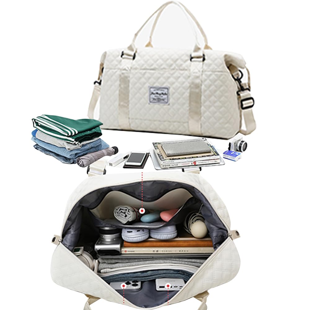 Stylish White Overnight Duffel Bag for Women - Cute Gym Tote Carry On Travel Weekend Bag | Perfect for Gym, Travel, Workouts & Short Trips