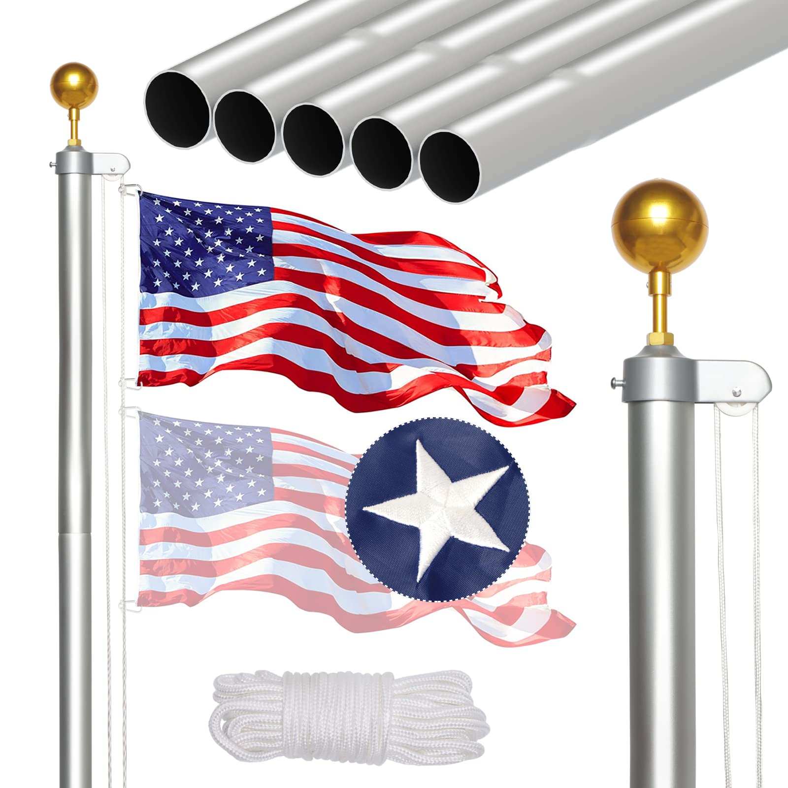 Heavy Duty 20FT Aluminum Sectional Flag Pole Kit with Gold Ball Top - 3x5 USA Flag Included - In-Ground Outdoor Flagpole for Residential, Commercial & Garden Use - Perfect for Patriotic Displays, School Grounds & Business Fronts (Silver)