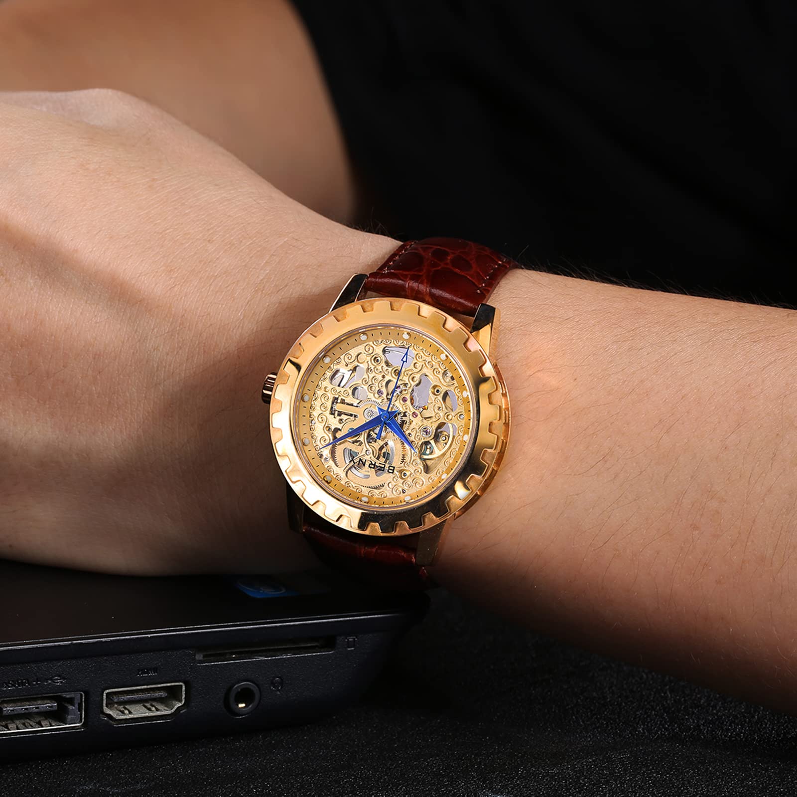 BERNY Luxury Automatic Skeleton Men's Watch - Gold Stainless Steel Dress Watch with Exhibition Back, Luminous Markers & Waterproof - Perfect for Business, Formal Events & Gift Giving