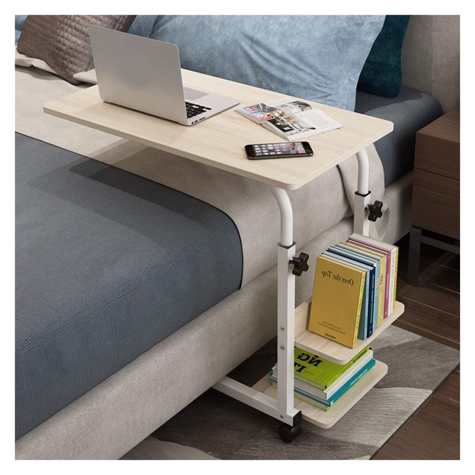 Adjustable Bedside Table with Wheels and Storage - Mobile Side Snack Desk, Laptop Tray, Overbed Table for Living Room, Bedroom, Office & Hospital Use - Perfect for Eating, Working or Reading in Bed (Color: B)