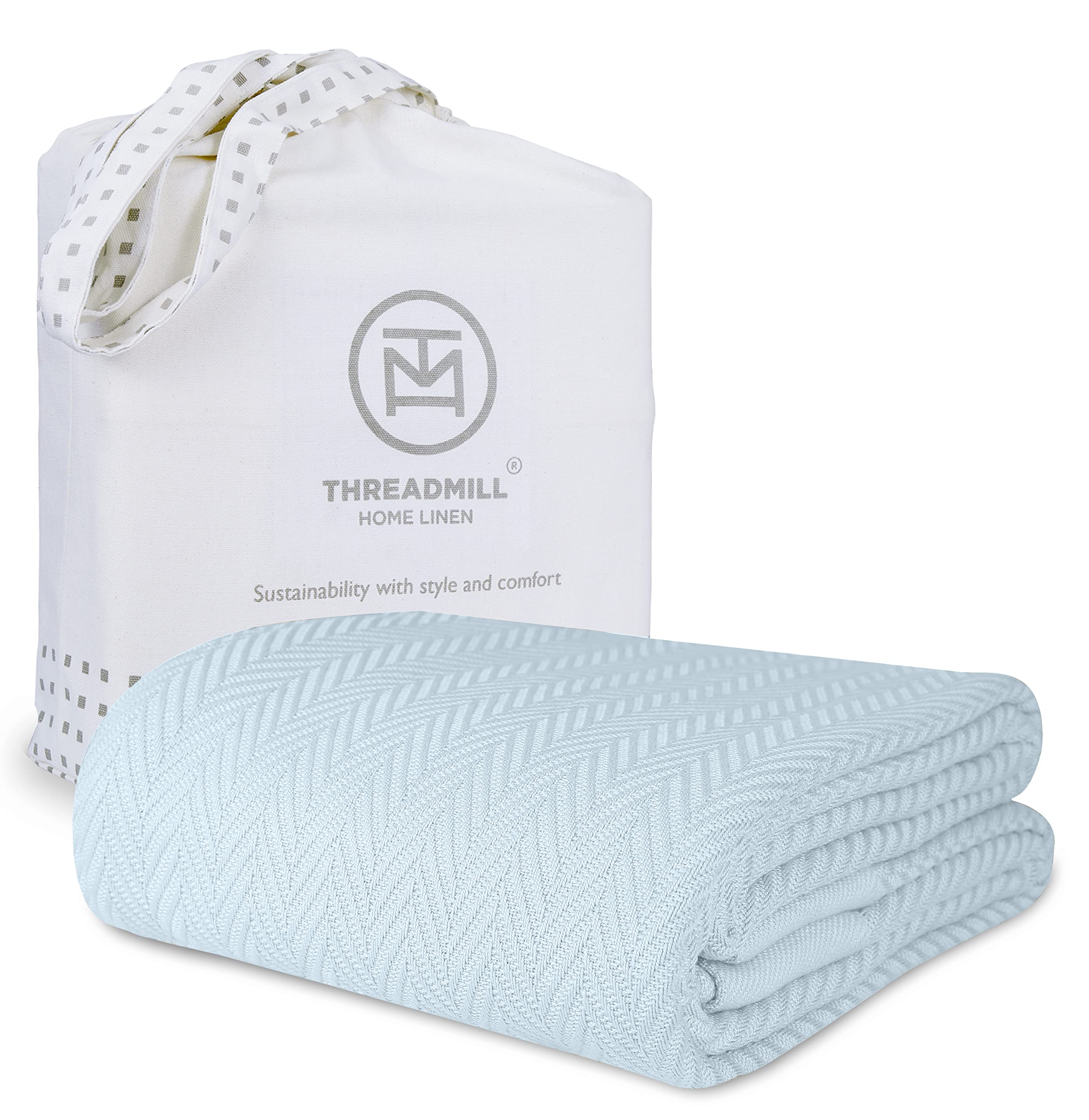 Premium 100% Cotton Twin Size Blanket - All-Season Soft & Cozy Herringbone Thermal Blanket (68x92 inches, 350GSM) | Light Blue Luxury Bed Blanket for Home, Dorm, Guest Room & Cozy Fall Nights