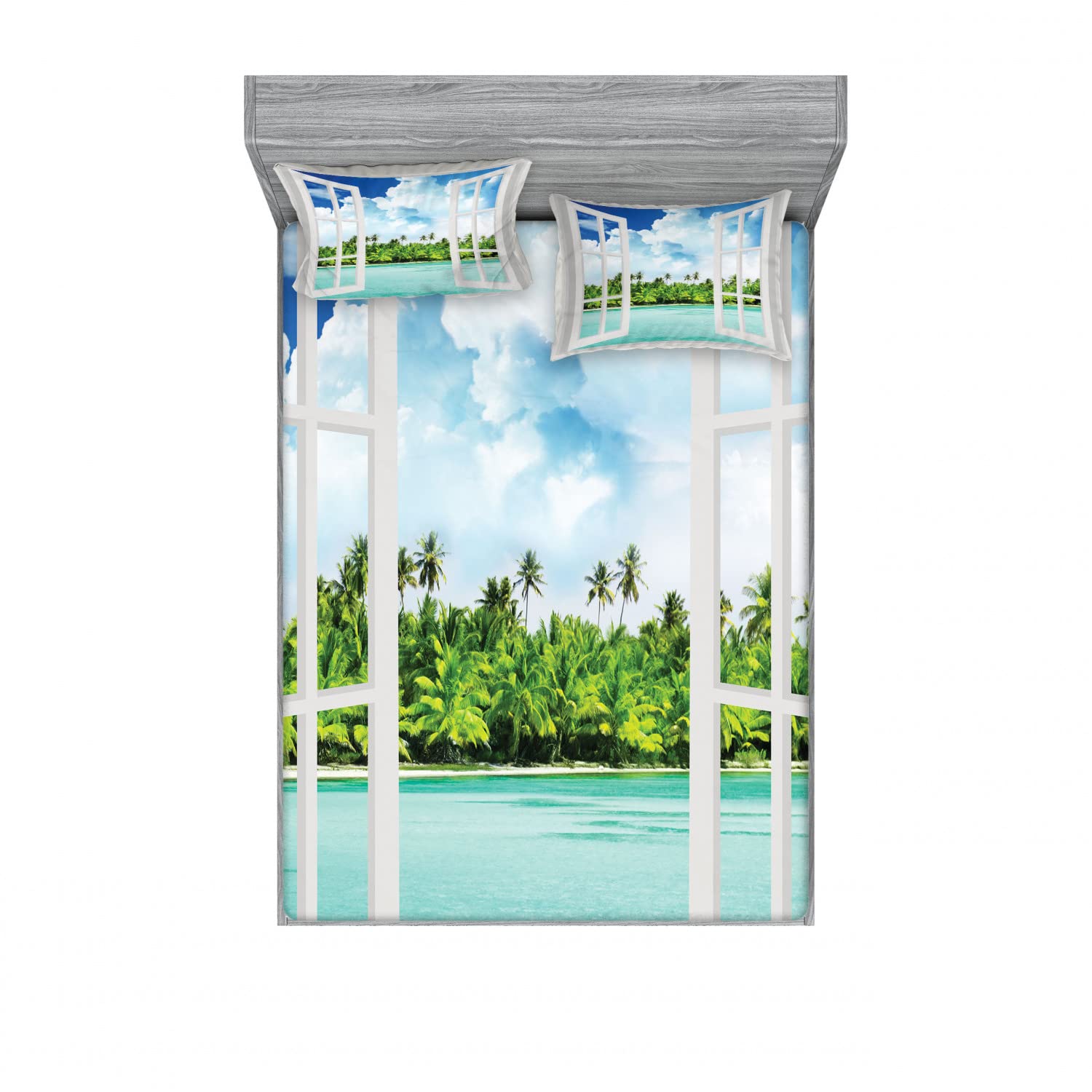 Ambesonne 2-Piece Queen Fitted Sheet Set with 4 Pillow Shams - Tropical Ocean Forest Print Bedding in Aqua Green & Blue - Perfect for Beach House, Vacation Rental & Coastal Themed Bedroom Decor