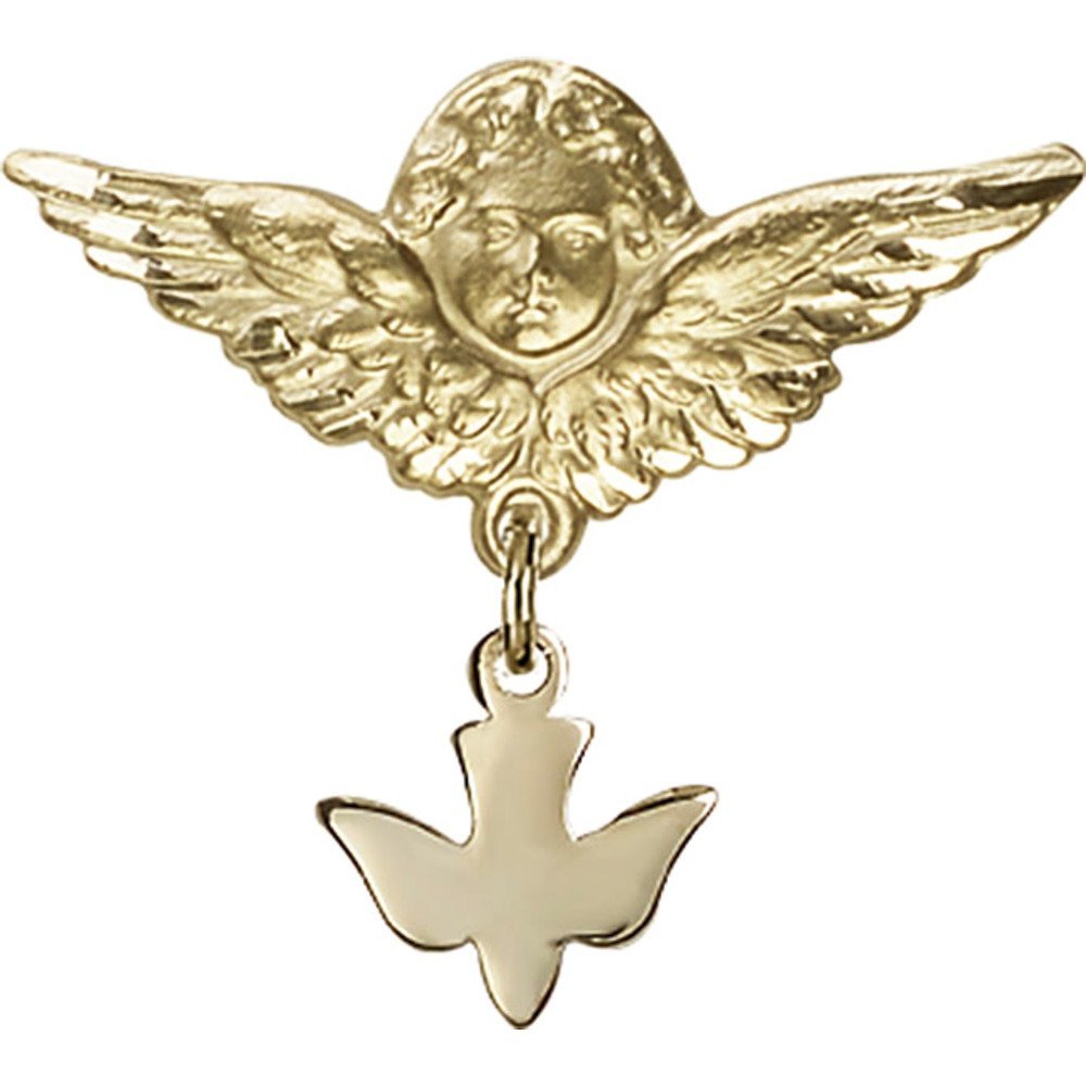 Gold Filled Holy Spirit & Angel Wing Charm Baby Badge Pin - 1 x 1 1/8 Inch Religious Jewelry for Baptism, Christening & Baby Blessing Ceremonies