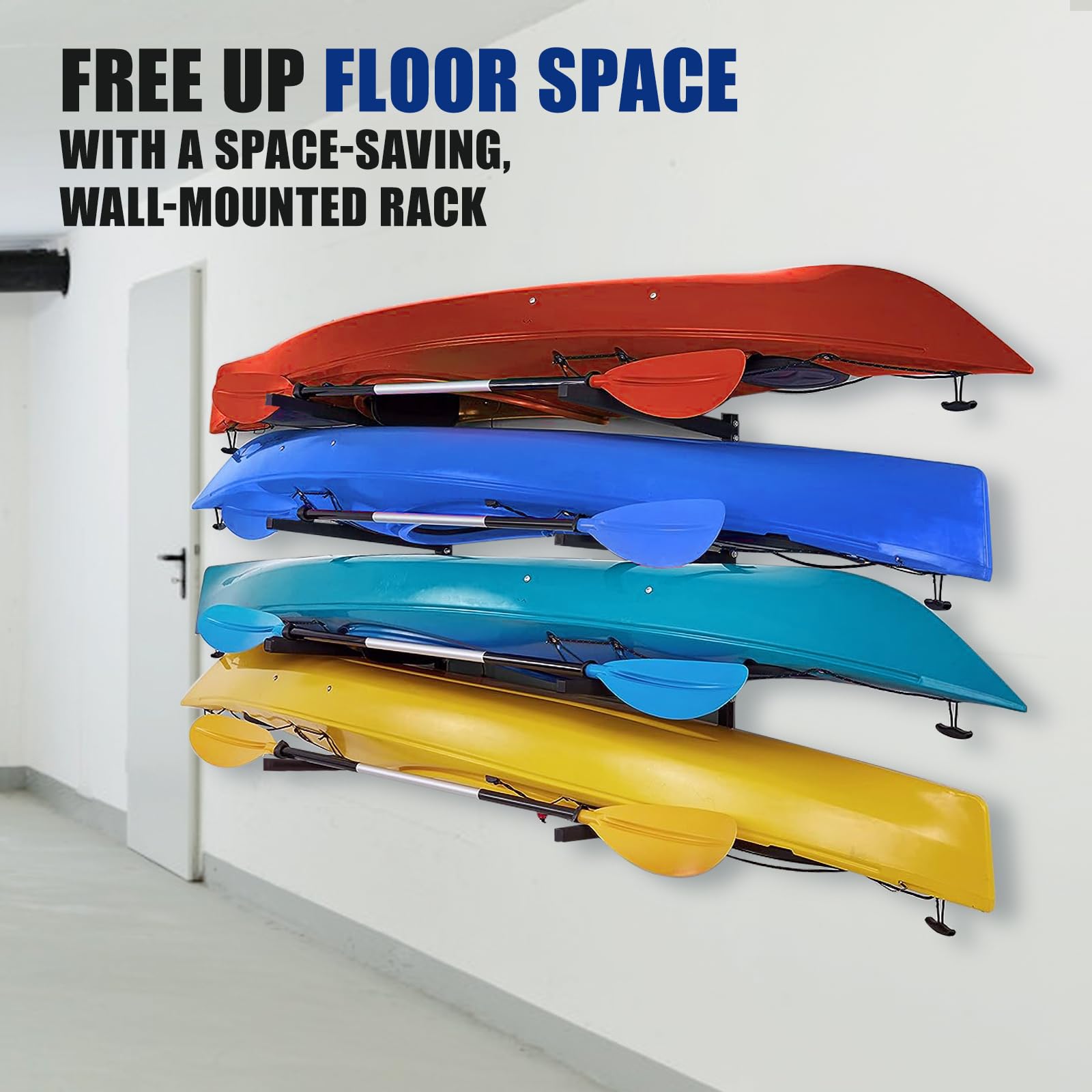 **Heavy Duty Kayak Storage Rack for 4 Kayaks - Wall Mounted Garage & Outdoor Organizer for Kayak, Canoe, Surfboard & Paddleboard - Perfect for Backyard, Shed, or Dock Storage**