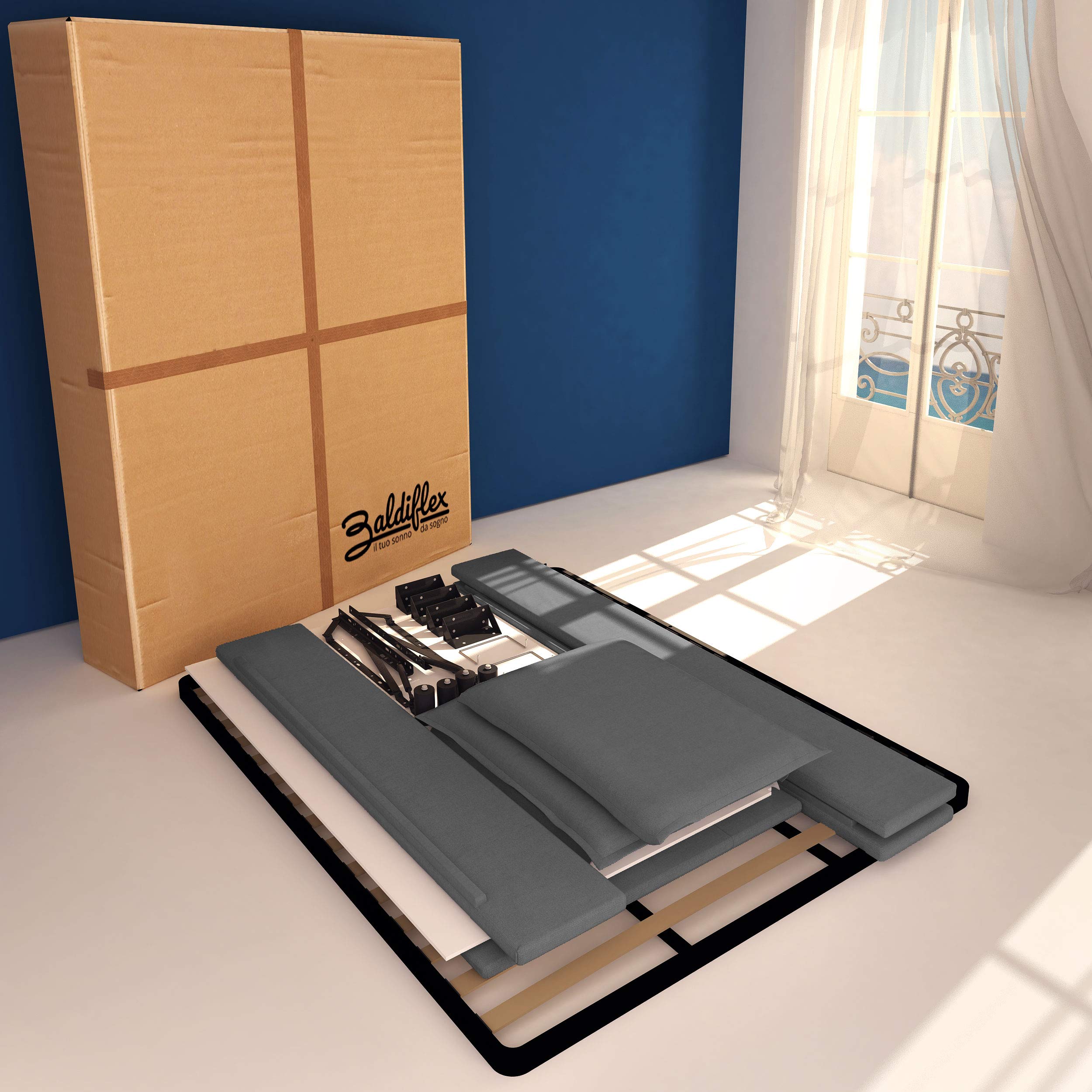 Baldiflex Licia Synthetic Leather Queen Size Bed with Storage, Slatted Base for Mattress, 180x200cm, Padded Headboard, Gray - Perfect for Modern Bedrooms & Small Spaces