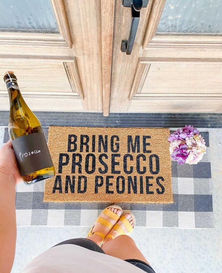 Stylish Prosecco & Peonies Vinyl Coir Doormat - Non-Slip Welcome Mat for Front Door, Porch, Patio, and Entryway Decor