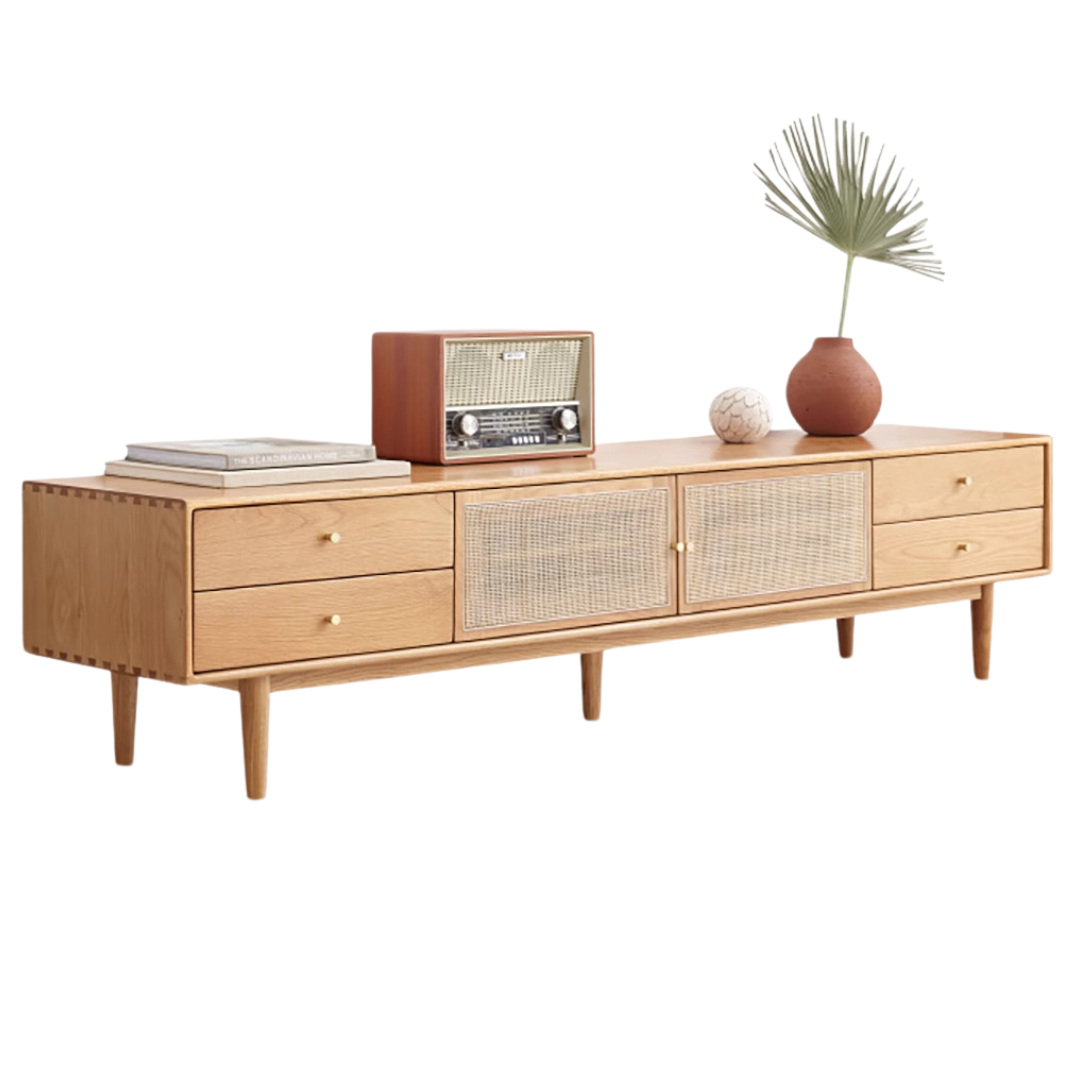 Solid Oak Wood TV Stand with Rattan Doors - Stylish Media Console for Living Room, Bedroom, or Home Theater