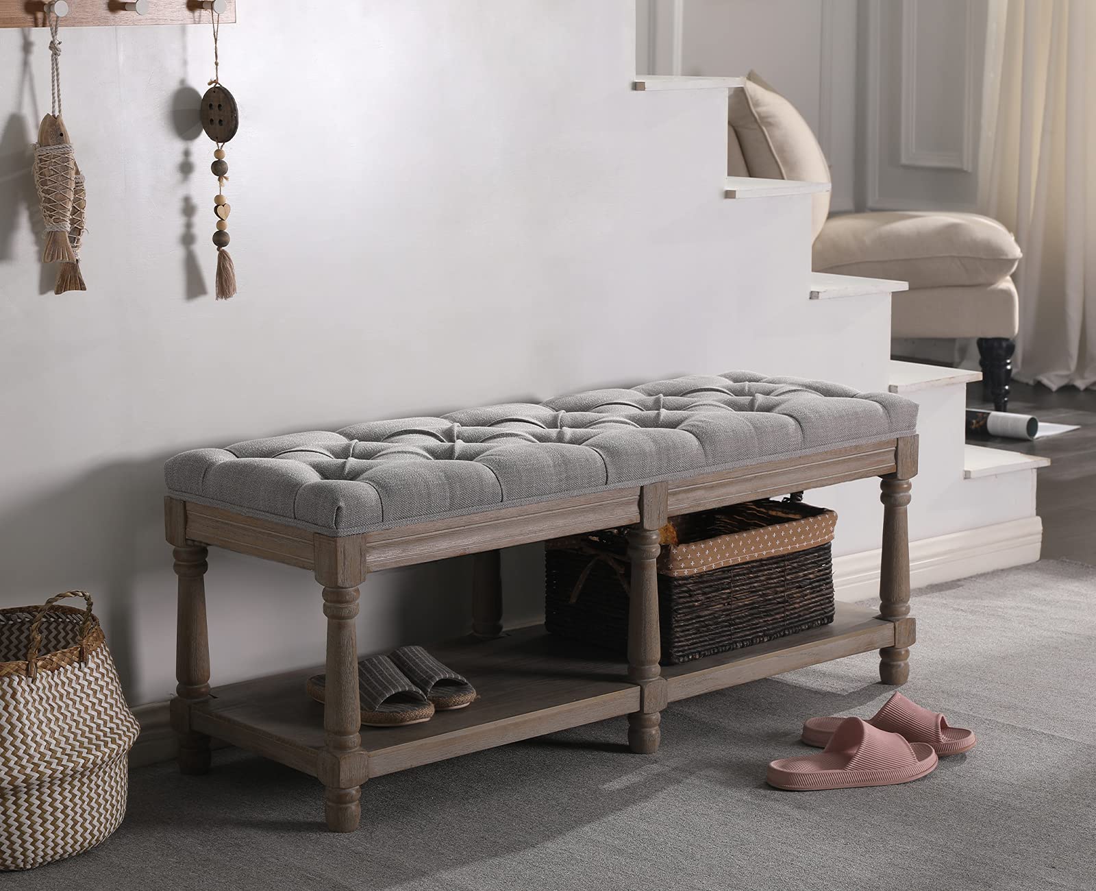 Kmax Storage Entryway Bench - Tufted Shoe Rack with Wooden Seat | Multi-Functional Hallway Bench for Entrance, Bedroom Corner & Window Seat (Gray) - Perfect for Small Space Organization & Shoe Storage Solutions