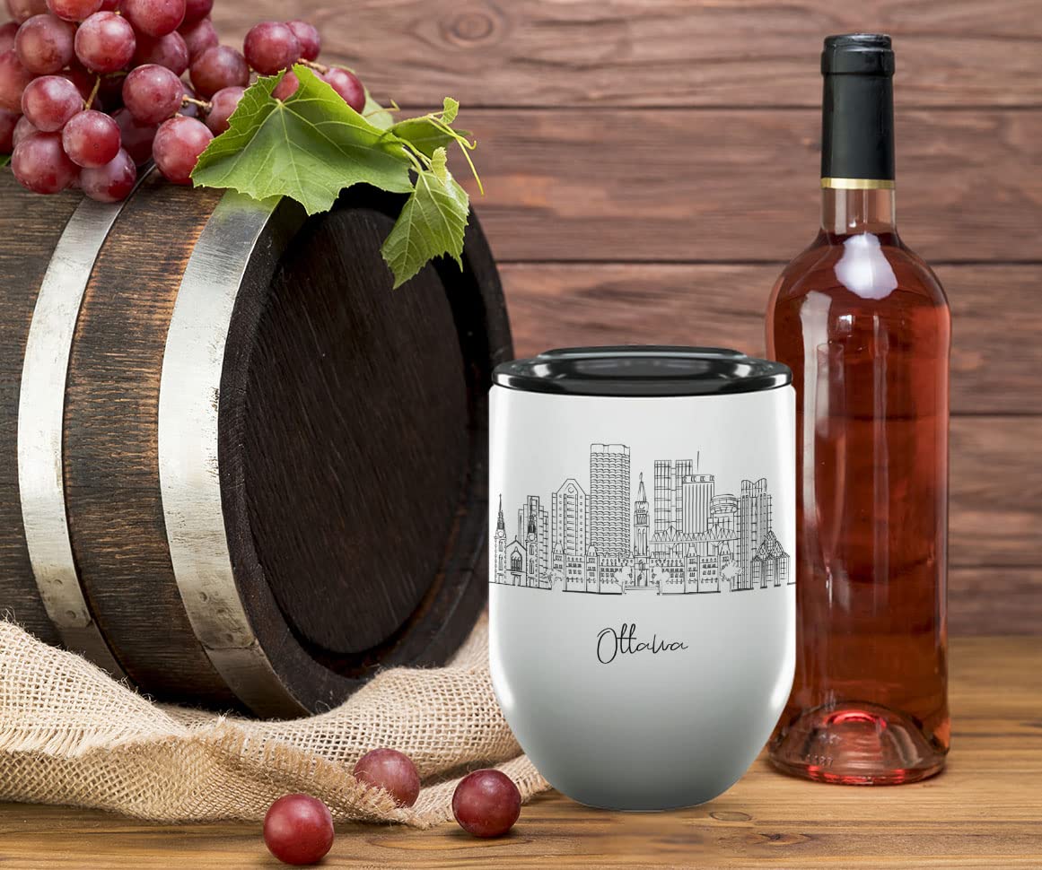 12 Oz Insulated Wine Tumbler with Lid - Ottawa Ontario Themed Gifts & Souvenirs - Perfect for College Graduation, Long Distance Gifts for Her & Homesick Students - Great for Coffee, Wine or Hot Drinks at Home, Office or Travel
