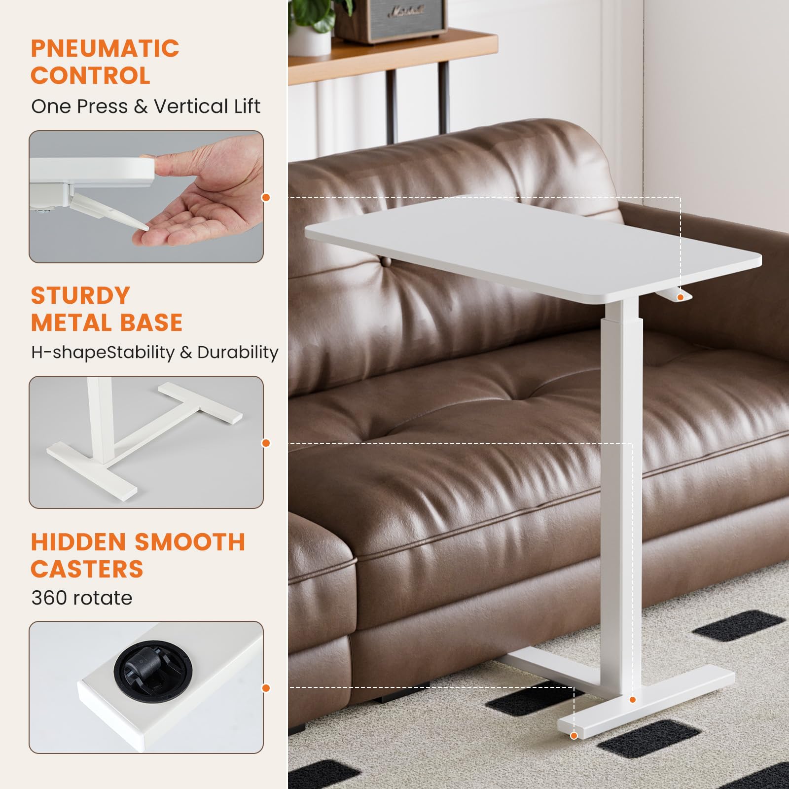 Adjustable Overbed Table with Wheels - Portable Laptop Desk for Bed, Standing Work & Writing | Mobile Rolling Desk with Height Adjustment | Perfect for Hospital, Home Office & Dorm Room (White)