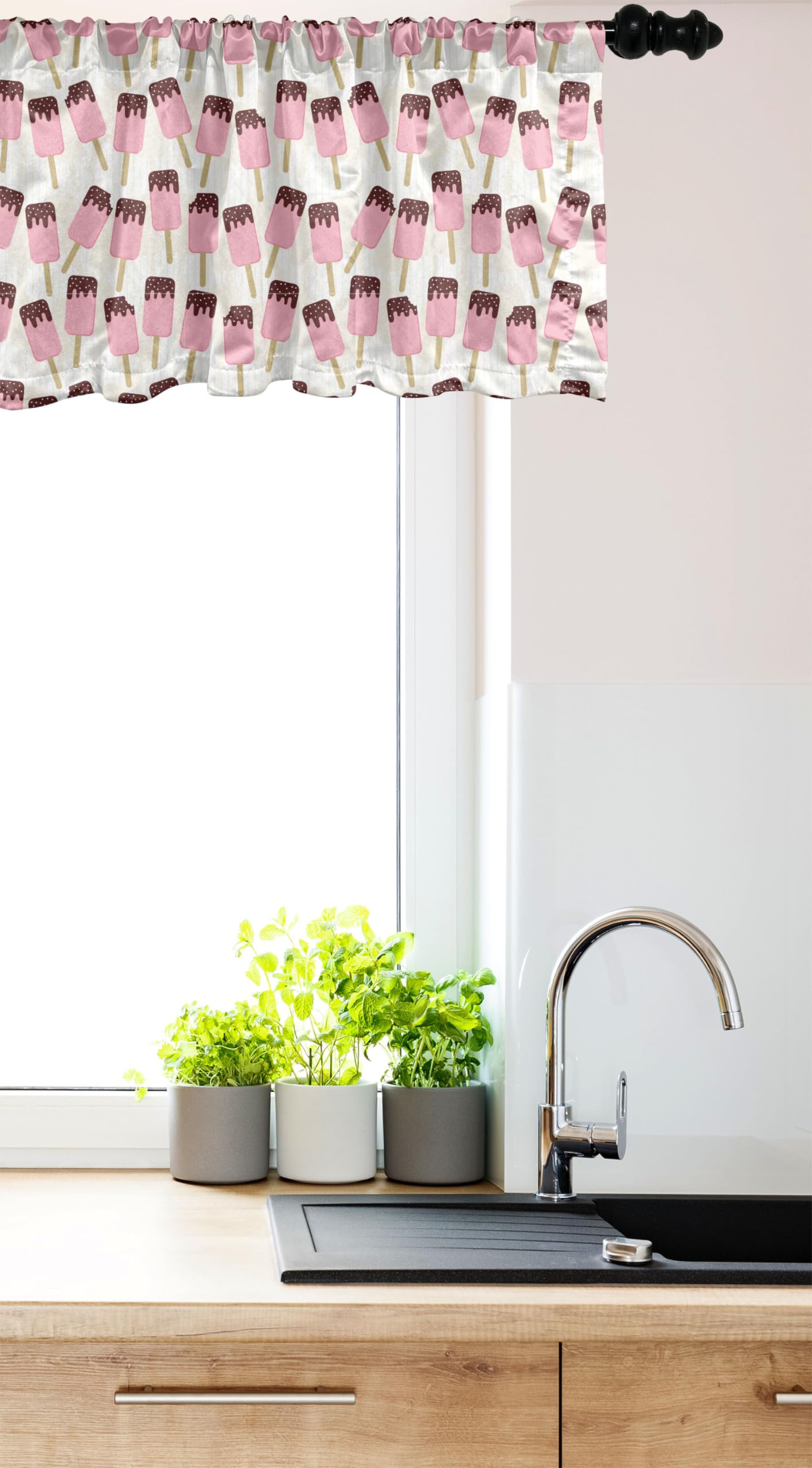 Ambesonne Ice Cream Window Valance Set of 2 - Chocolate Popsicle & Pastel Striped Kitchen Curtains for Summer Decor, Rod Pocket Valances 54x18 Inches, Pale Pink & Tan - Perfect for Bedroom, Cafe, or Kids Room Decor
