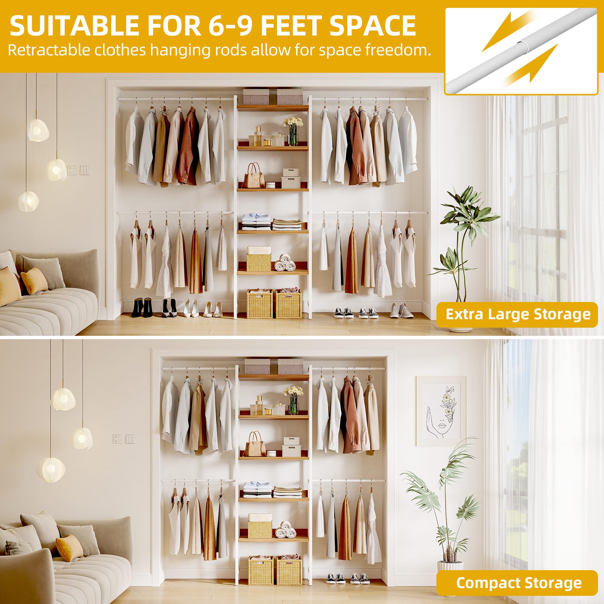 DWVO Heavy Duty Adjustable Closet Organizer System - 4 Expandable Hanger Rods & 5-Tier Wood Shelves with Backboard for Walk-In Closets, Bedrooms (Fits 6-9 ft Spaces) - Perfect for Closet Organization, Garment Storage & Home Decor