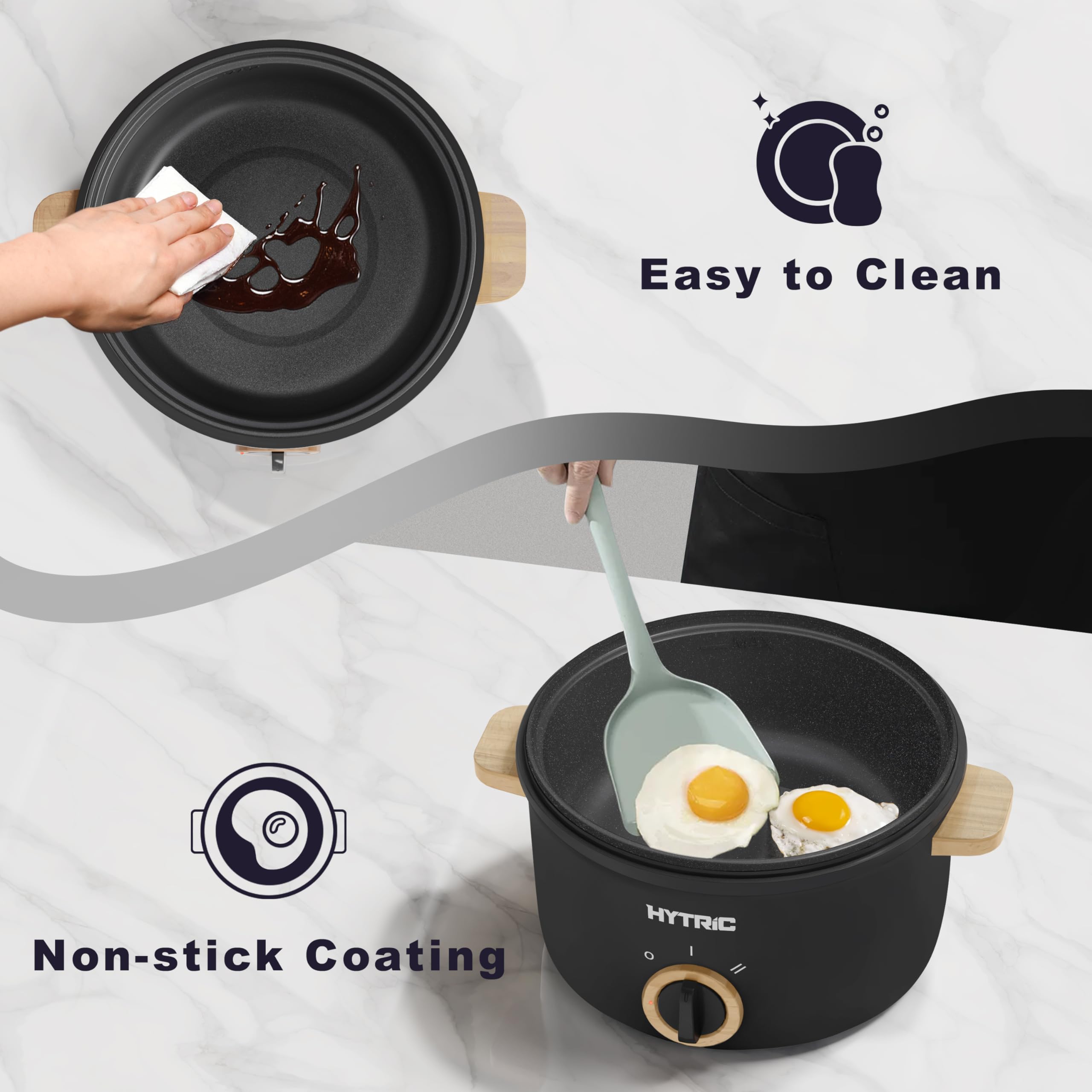 Hytric 2.5L Electric Hot Pot with Non-Stick Coating - Portable Multi-Functional Cooker for Stir Fry, Steak, Noodles & Soup - Perfect for Dorm, Office, Travel & Small Space Cooking (Black)