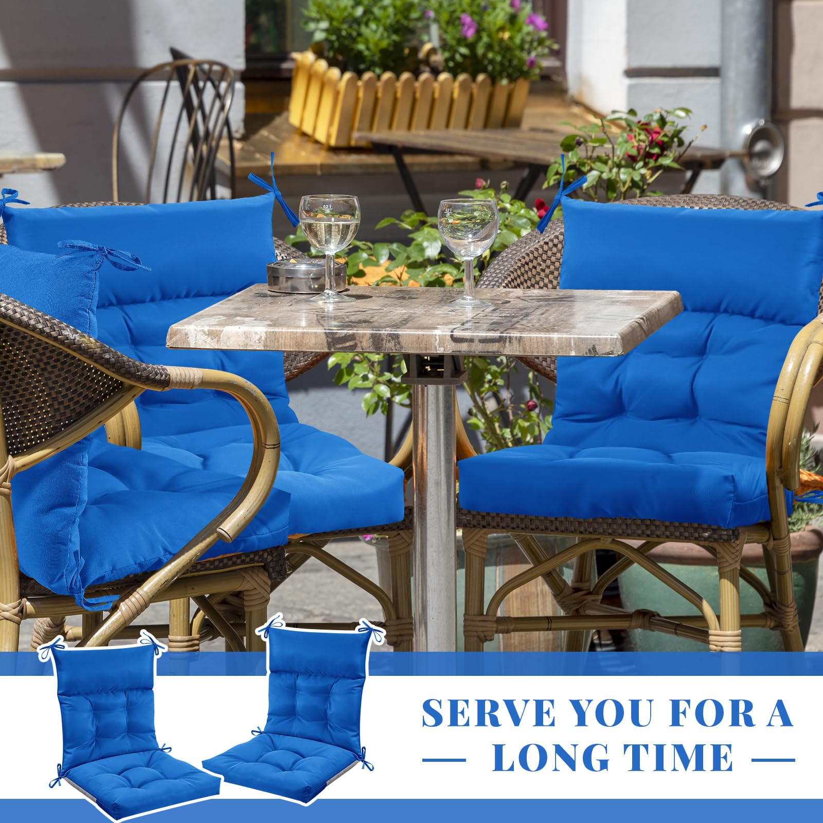 Sintuff 44 x 21 x 4 Inch Outdoor Patio Chair Cushions Set of 6 - Waterproof All-Weather Tufted Seat & Back Pillows with Ties - Perfect for Garden, Poolside, Deck, and Indoor Furniture (Blue)