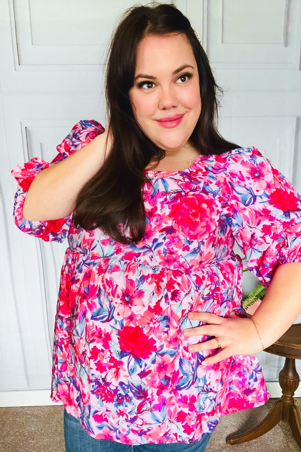 Feeling Femmi Pink & Fuchsia Floral Peplum Woven Top for Women - Elegant Blouse for Spring Summer Outfits, Date Night & Office Wear