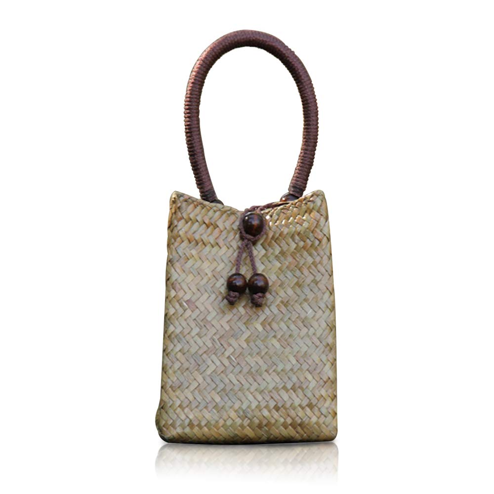 Mini Retro Straw Handbag - Boho Rattan Tote with Wood Bead Tassel for Beach & Travel