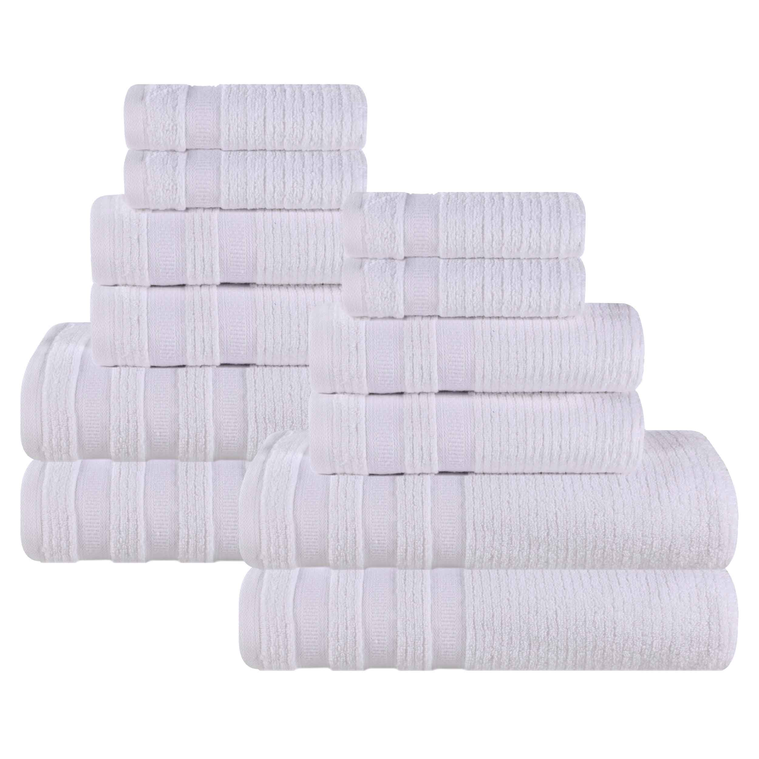 12-Piece Zero Twist Cotton Ribbed Geometric Border Plush Towel Set | Ultra Soft & Absorbent Bath, Beach & Gym Towels for Home & Travel