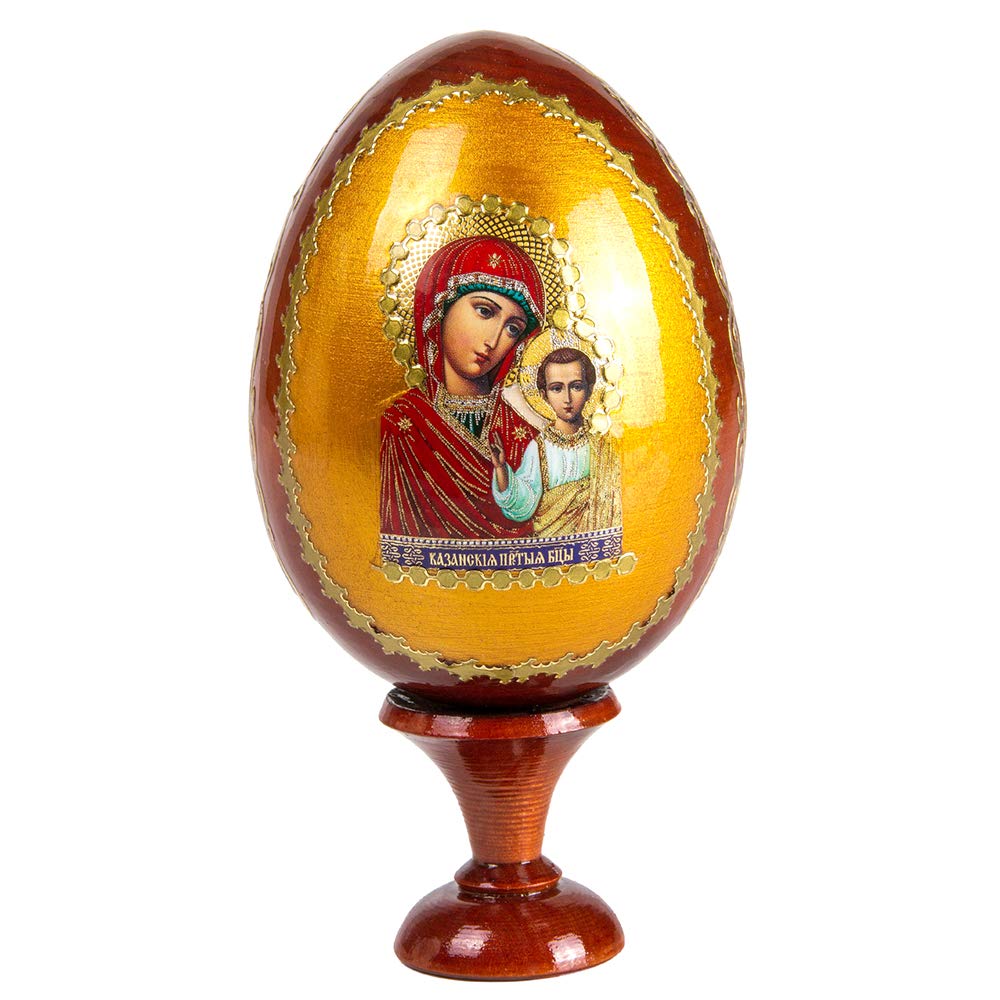 Our Lady of Kazan Medium Easter Icon - Handcrafted Wooden Russian Egg for Religious Decor, Gift & Orthodox Christian Devotion