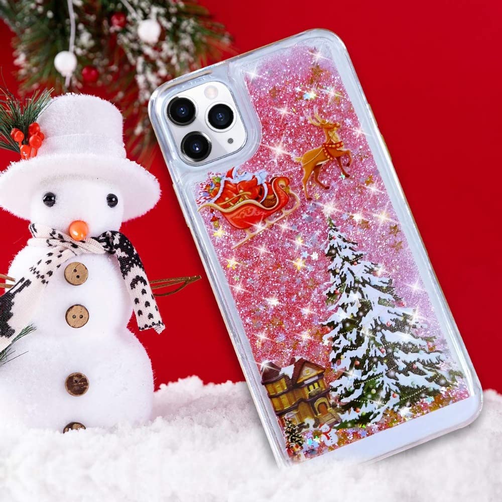 Topwin Christmas Liquid Floating Glitter Case for iPhone 11 Pro Max - Sparkling Snowman Santa Design, Shockproof Defender Cover (Pink) | Perfect Holiday Gift & Winter Party Accessory for Apple iPhone 11 Pro Max