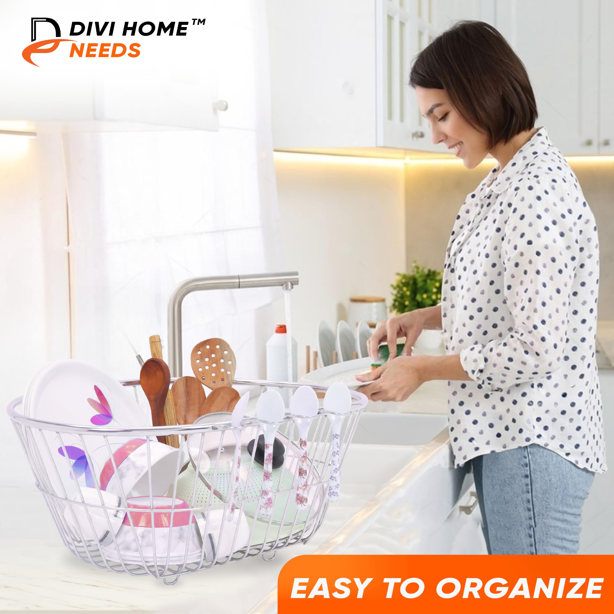 DIVI HOME Stainless Steel Kitchen Utensil Drainer Basket - Large Oval Dish Drainer Rack for Drying Pots, Pans & Cooking Tools After Washing | Perfect for Countertop Organization & Space Saving