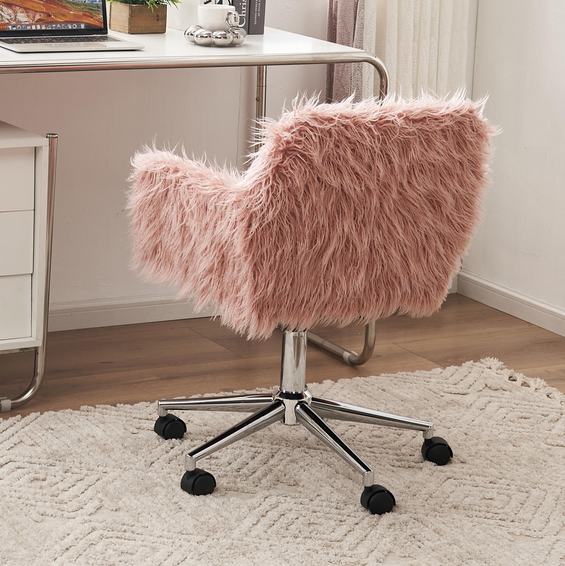 Fluffy Faux Fur Swivel Desk Chair - Adjustable Height Modern Home Office Chair for Women & Girls, Pink Vanity Accent Chair for Bedroom, Living Room & Makeup Room - Perfect for Work, Study and Relaxation